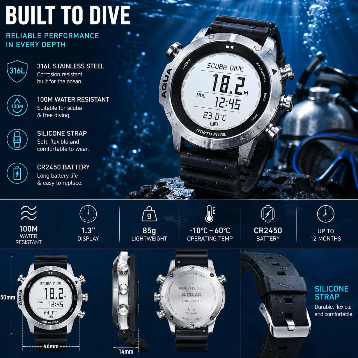 NORTH EDGE AQUA Orologio Da Immersione Professionale Per Computer Da Uomo Scuba Diving 50m Orologi Da Immersione Con Registro Per Immersioni Altimetro Barometro Bussola