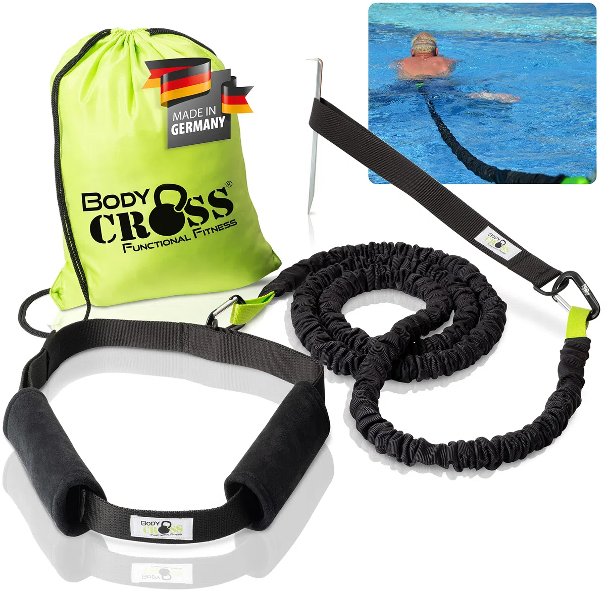 BodyCROSS Premium Trainer da Nuoto Esterno – Cintura Imbottita con Tubo (1–20 kg), Allenamento Senza Sistema Controcorrente, Testato, Pinne Piscina
