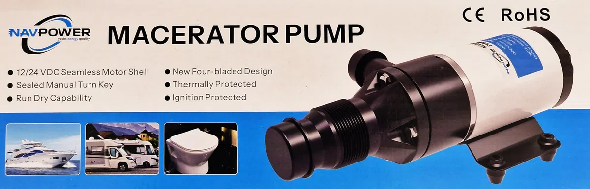 NAVPOWER Pompa Maceratore 12V per Toilette WC – Scarico Rapido, Tritura Rifiuti, Ideale per Barca, Camper e Applicazioni Marine