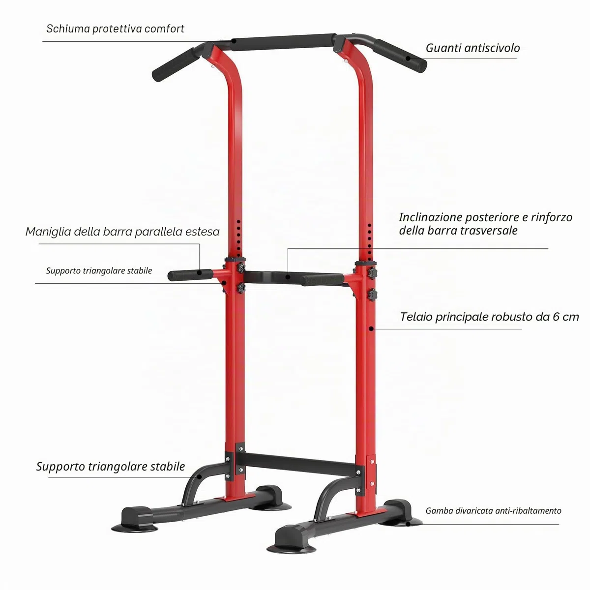SogesPower Power Tower Dip Station Barra per trazioni per palestra a casa regolabile in altezza attrezzatura per allenamento di forza, rosso