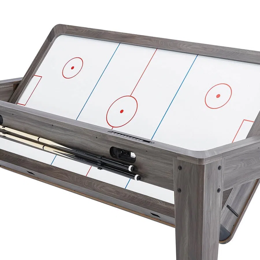 PINPOINT Tavolo da gioco 4 in 1 – biliardo, air hockey, ping pong e giochi da tavolo – Tavolo da interno da 2,1 m con accessori inclusi – Finitura in legno grigio Driftwood per sale giochi e famiglia