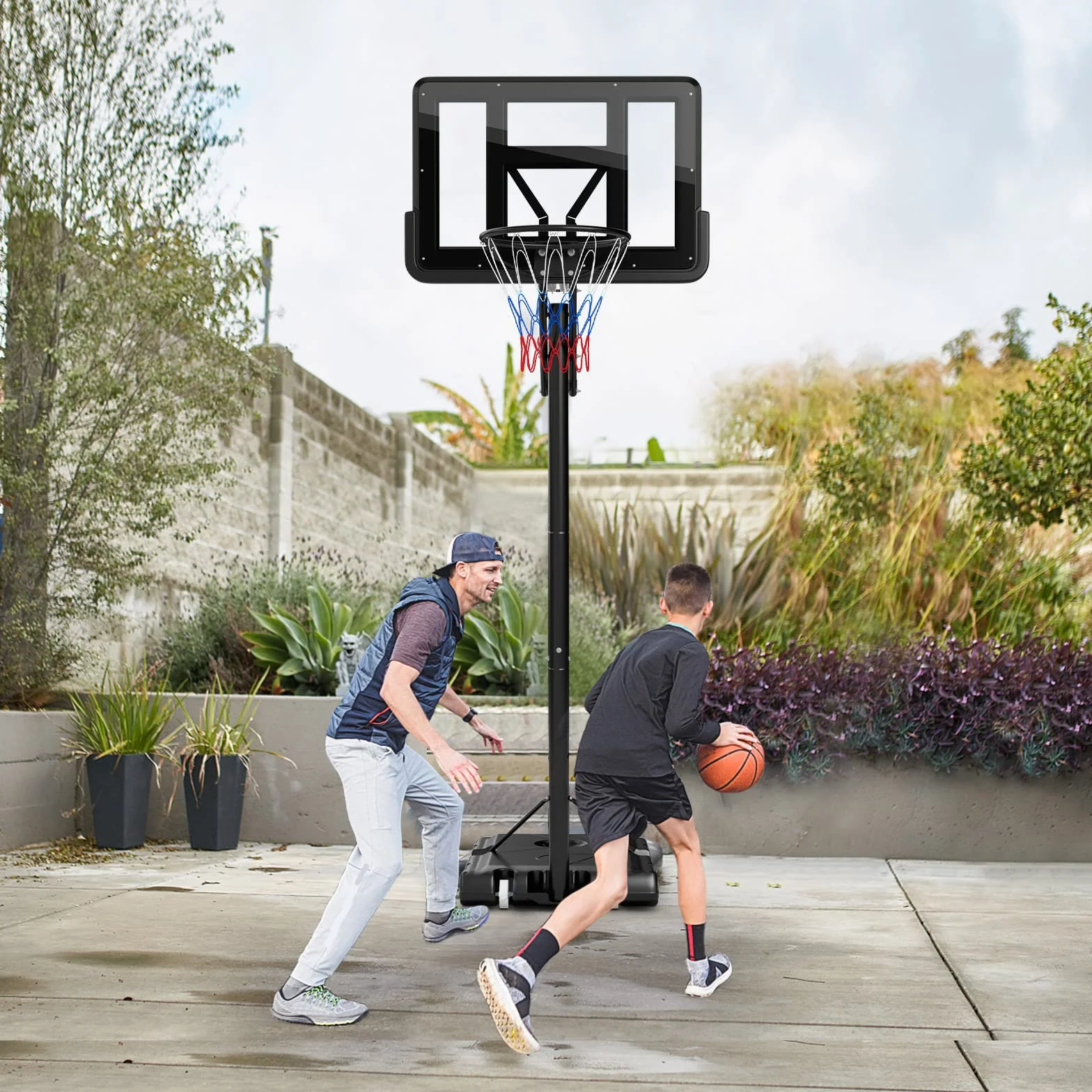 GYMAX Canestro da Basket Portatile, Canestro Basket Regolabile in Altezza 143-305 cm con Tabellone in PET, Cerchio in Metallo Solido da 48 cm e 2 Ruote, per Adulti, Adolescenti
