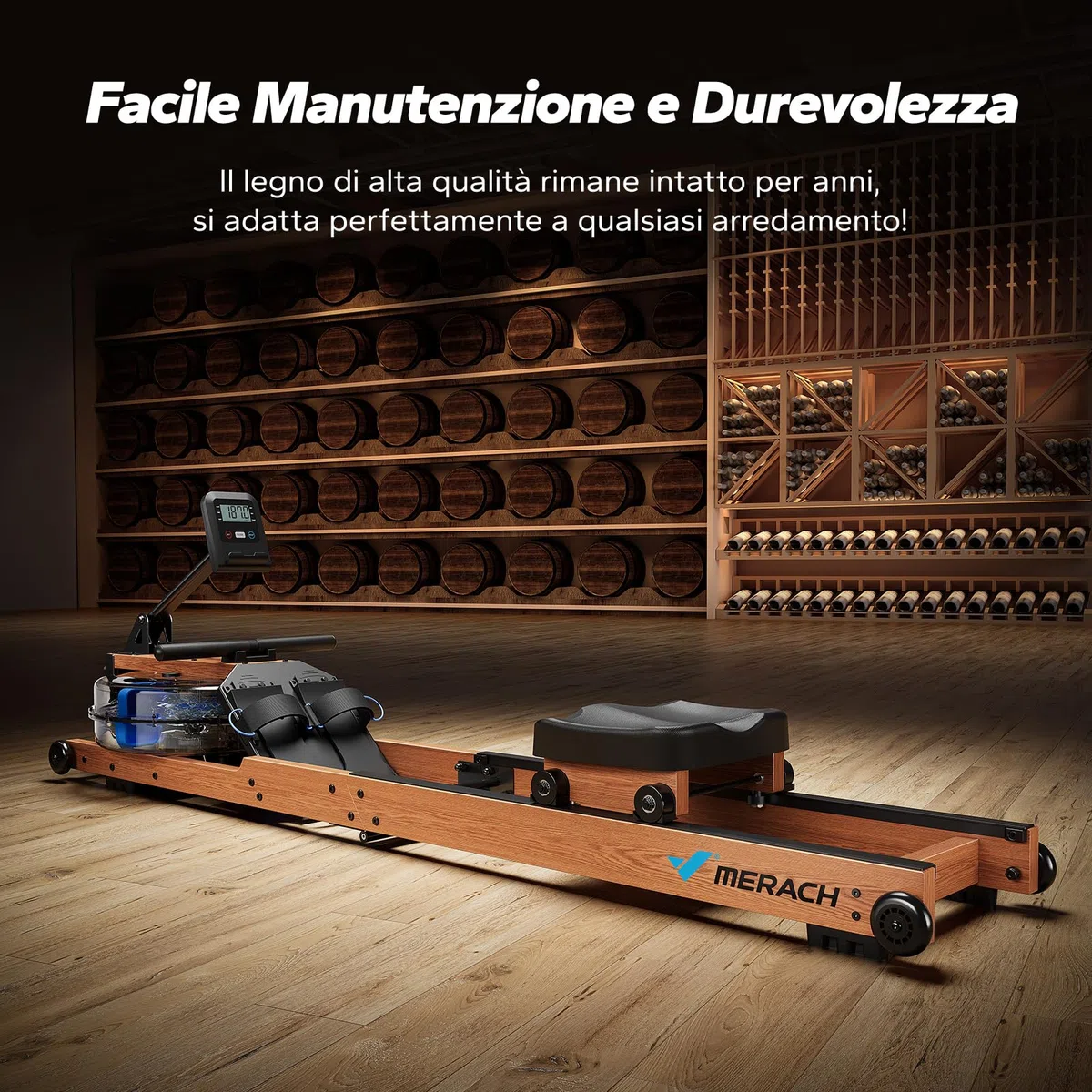 MERACH Vogatore Pieghevole ad Acqua, in legno di gomma e sedile Confortevole, dotato di mappa interattiva esclusiva e gioco APP, esperienza di canottaggio immersiva