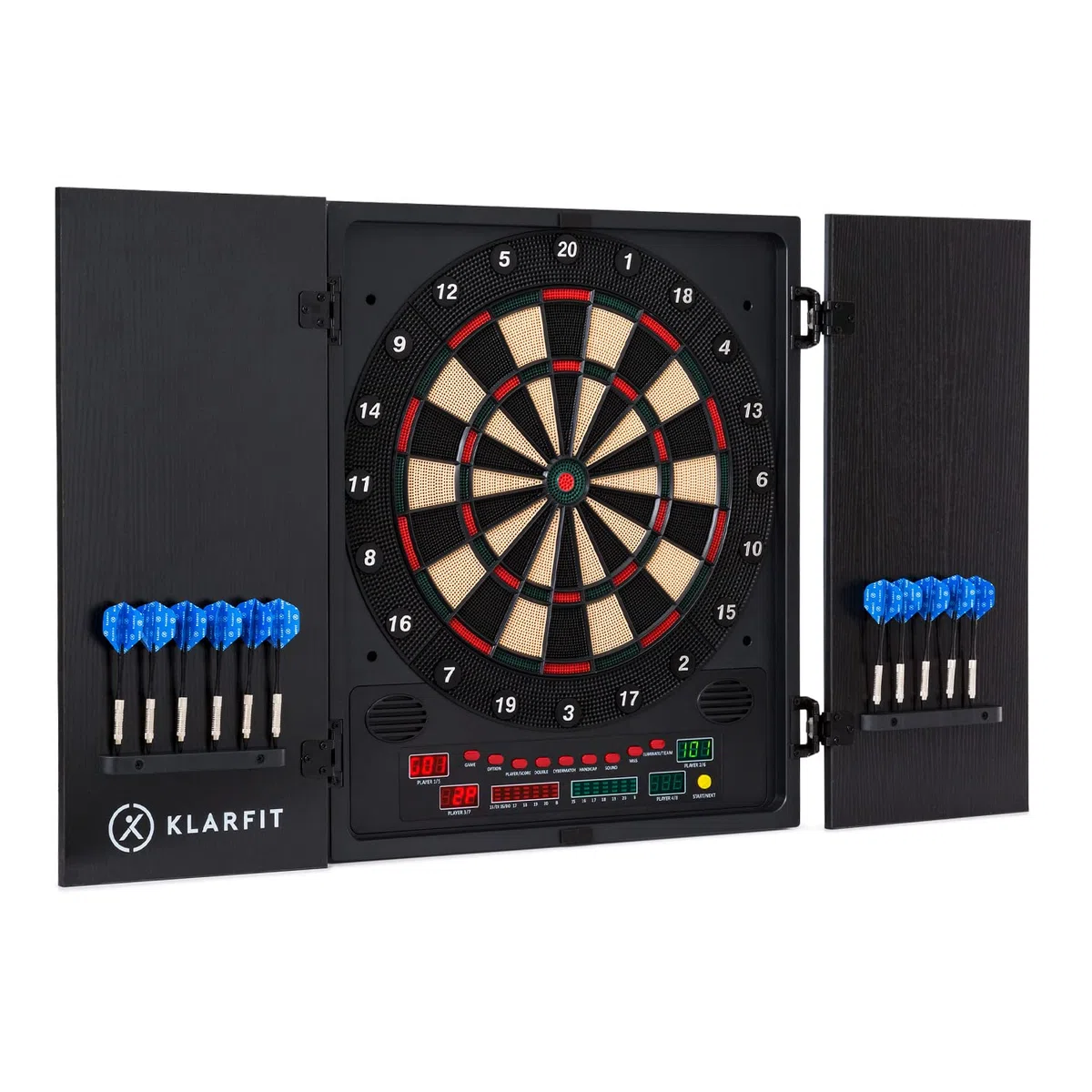 Klarfit Freccette Bersaglio Elettronico, Bersaglio Freccette Professionale LCD con 12 Freccette Elettroniche Colorate e Tabellone Digitale, Dartboard Gioco Freccette Elettronico per Adulti e Bambini