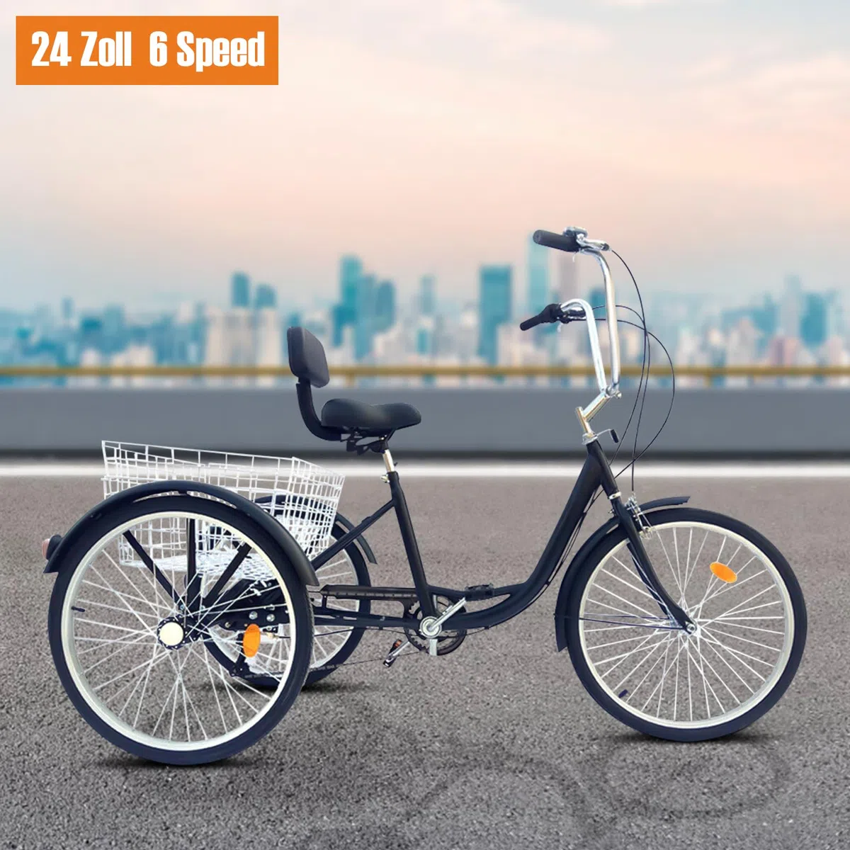 24 Pollici Triciclo per Adulti Bicicletta 3 Ruote Adulto Regolabile in Altezza con Parafango e Maniglia Antiscivolo 6 Velocità Triciclo con Cestino, per Uomo, Donna, Senior