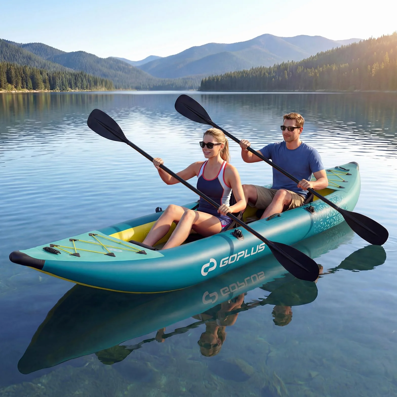 COSTWAY Kayak Gonfiabile 2 Posti, Kayak da Pesca Gonfiabile e Portatile 381 cm con 2 Sedili Imbottiti e Poggiapiedi Regolabili, Remi in Alluminio, Pompa a Mano, Ideale per Lago e Mare