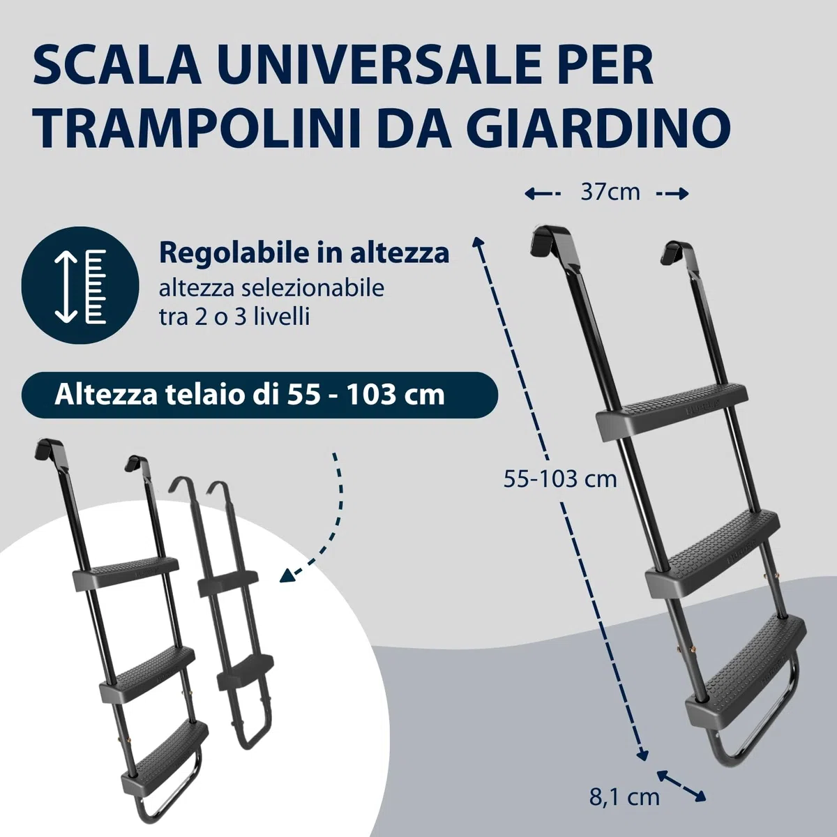 HUDORA Scaletta Universale - scaletta per Trampolino Antiscivolo con scalini Larghi - scaletta di Sicurezza Regolabile per Il Trampolino - Scala di Alta qualità e Resistente ai Raggi UV