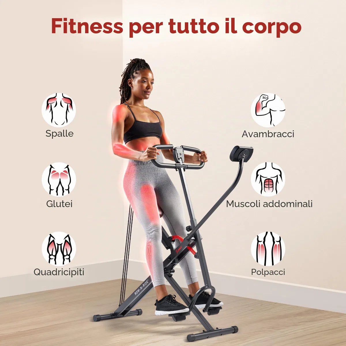 Sunny Health & Fitness Smart Upright Row-N-Ride con resistenza regolabile, attrezzatura pieghevole per esercizi domestici per braccia