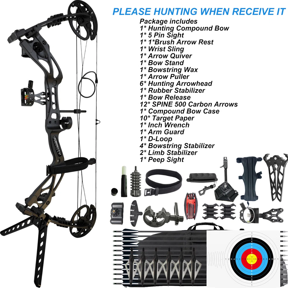 Arco Compound Set 0-70 LBS, Lunghezza di Trazione 16,5"-30", IBO 325 fps, Arco Compound da Caccia con Accessori per Caccia Tiro con l'Arco Pratica e Tiro ad Obiettivo