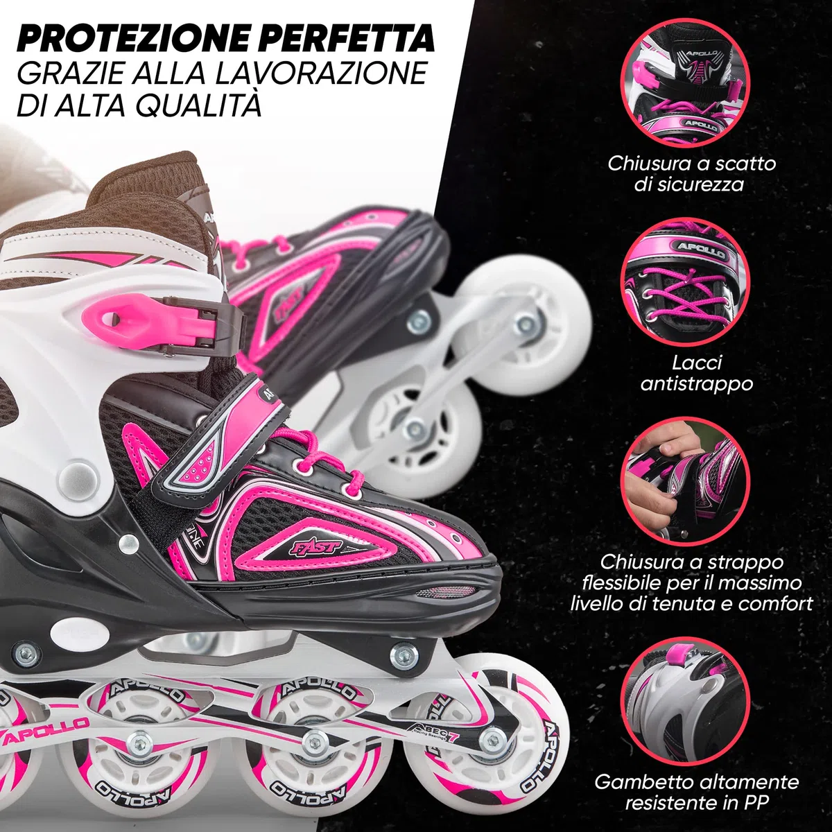 Apollo Super blades X Pro | Pattini in linea regolabili fino a 4 misure per bambini | Rotelle LED | Misura S, M, L | Pattini per Bambina e Bambino | Comodi e robusti pattini a rotelle