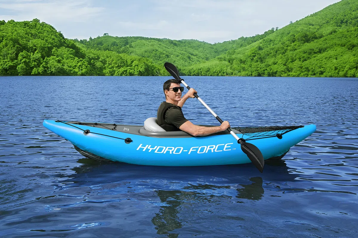 Hydro-Force Cove Champion, set kayak gonfiabile per 1 persona con pompa a mano, pagaie, borsa per il trasporto, blu