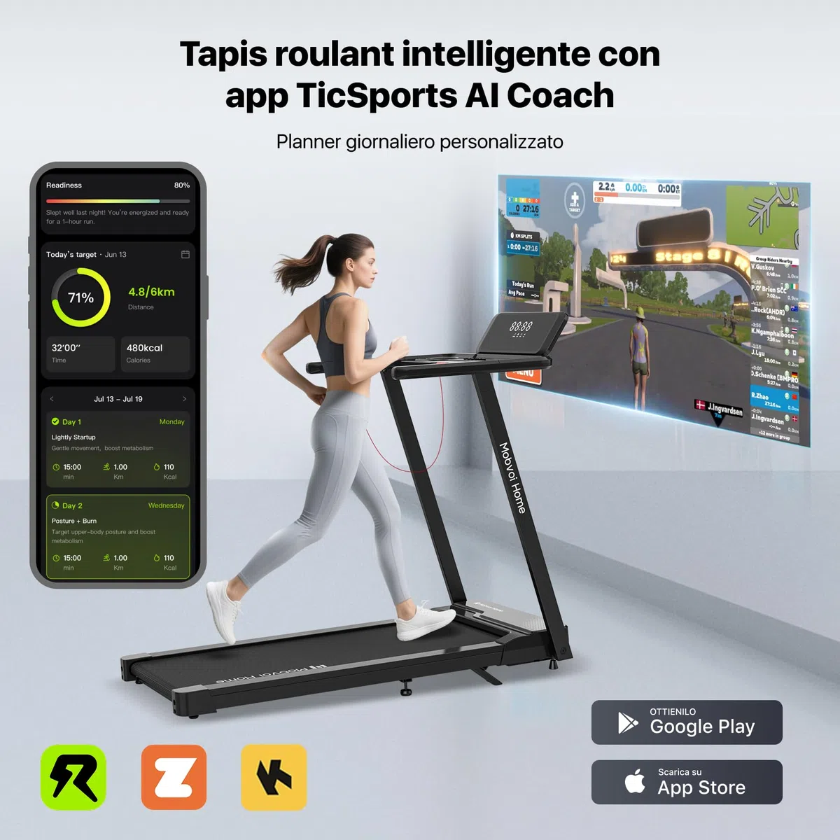 Mobvoi Home Tapis Roulant Ultra AI Intelligente 3 in 1 con Inclinazione del 6%, 12km/h 2,5HP Supporto per Tapis Roulant per Tazza Telefono Laptop Ampia Area di Corsa TicSports Zwift Kinomap 120kg