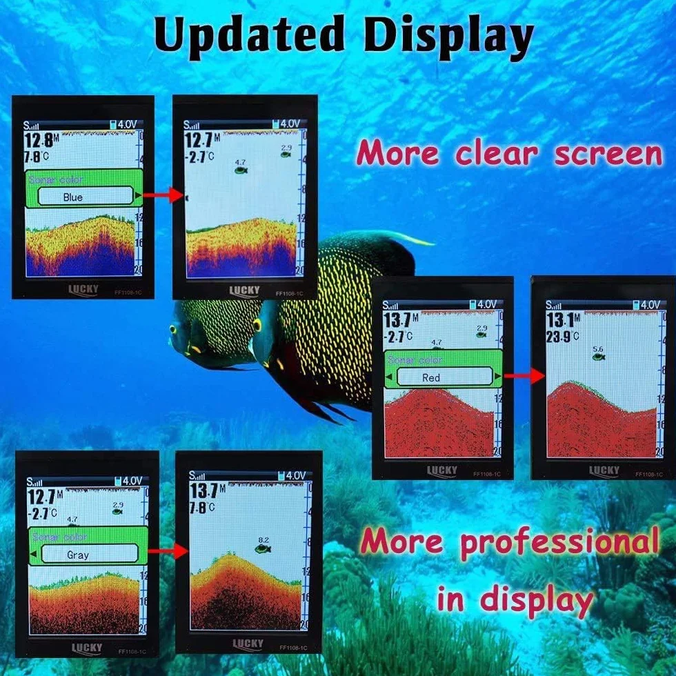 LUCKY Ecoscandaglio da Pesca Portatile Sensore Sonar Trasduttore Cercatore di profondità dell'acqua Schermo a cristalli liquidi Ecoscandaglio Fish Lampada Attraente Sul Ghiaccio Pesca in Mare