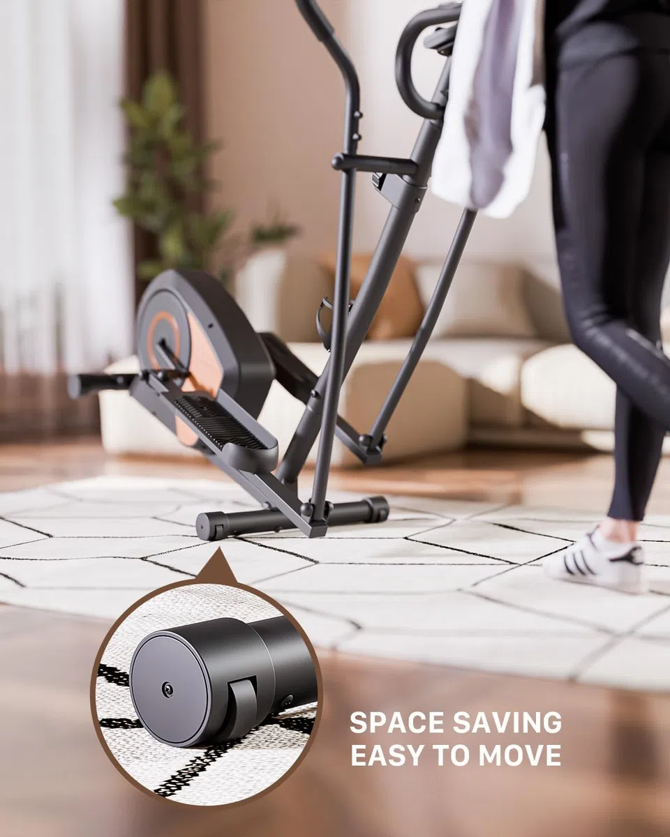 Ellittica da Casa Silenziosa, Aeriflo S100 Ellittica Magnetica con 16 Livelli di Resistenza, Volano 6kg, Salvaspazio, Bluetooth con App, Schermo LCD e Ruote di Trasporto per Allenamento Cardio