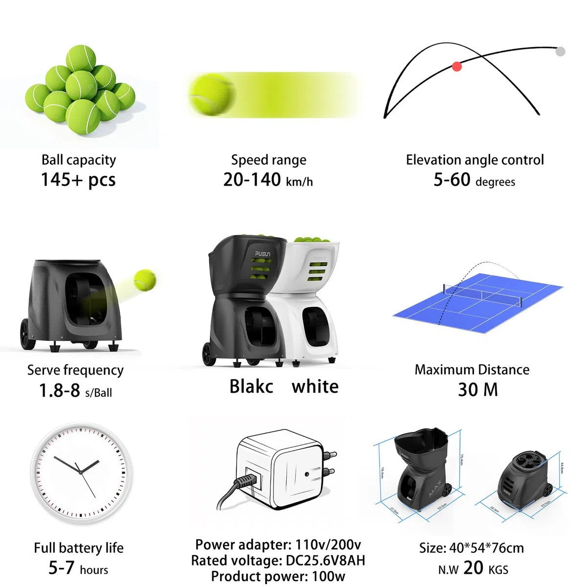 PT-Max C - Macchina per palline da tennis con telecomando, lanciatore da 12-87 km/h, rotazione superiore/posteriore/laterale, capacità di oltre 150 palline, controllo app per Android, iPhone, Apple