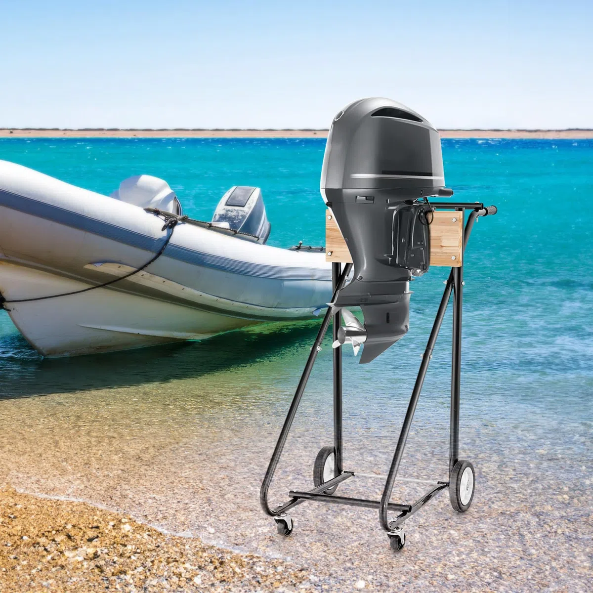 GYMAX Sostegno Motore per Imbarcazioni Fuoribordo, Carrello Porta Motore Pesante con Solida Tavola in Compensato Spesso, 4 Ruote Lisce, Maniglia Ergonomica, Supporto Motore per Imbarcazioni