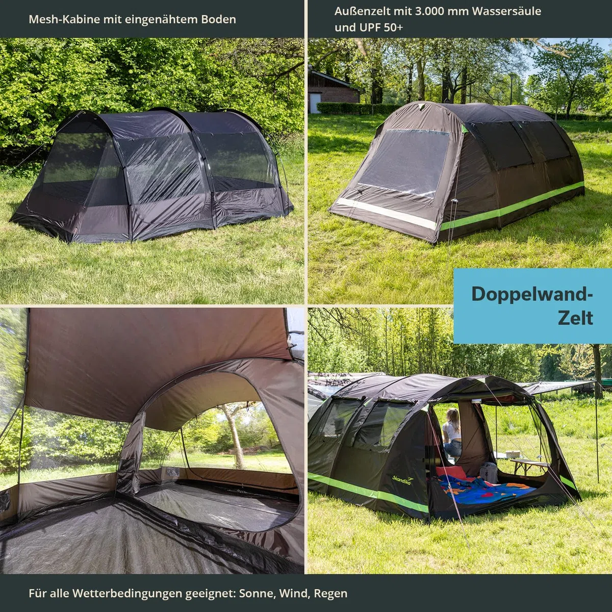 Skandika Tenda a tunnel Solheim, per 4/6 persone, pavimento della tenda cucito, colonna d'acqua 3000 mm, UPF 50+, con zanzariera e tettuccio parasole, tende, tenda familiare
