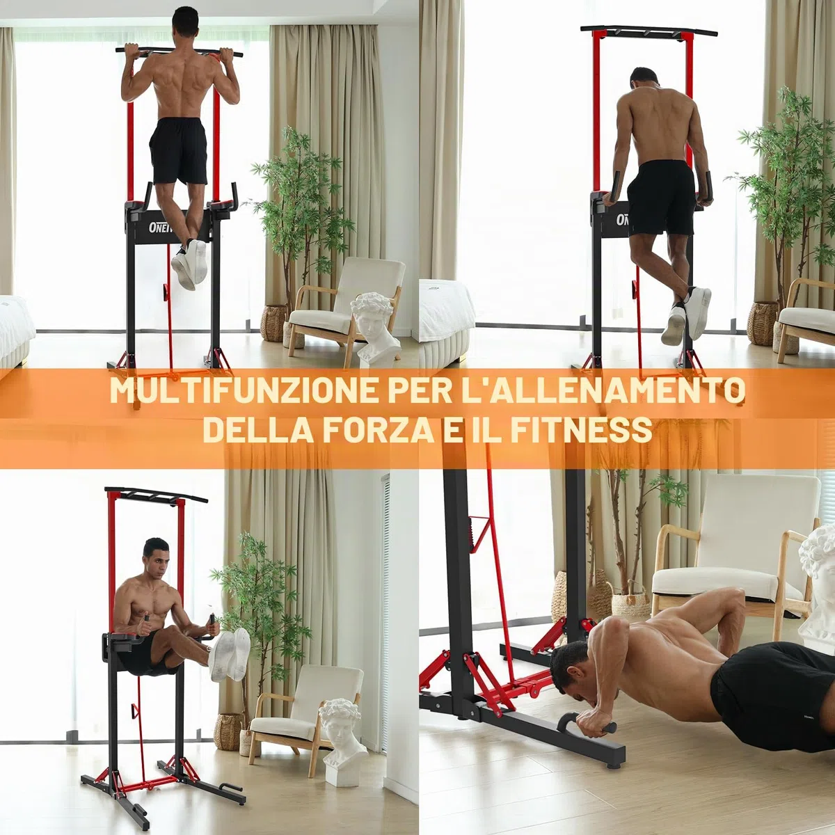 ONETWOFIT Power Tower pieghevole Dip Station Barra per trazioni, Regolabile in altezza Multifunzione stazione di potenza per la Palestra di casa Allenamento Ginnastica espandibile (BLACK-2)