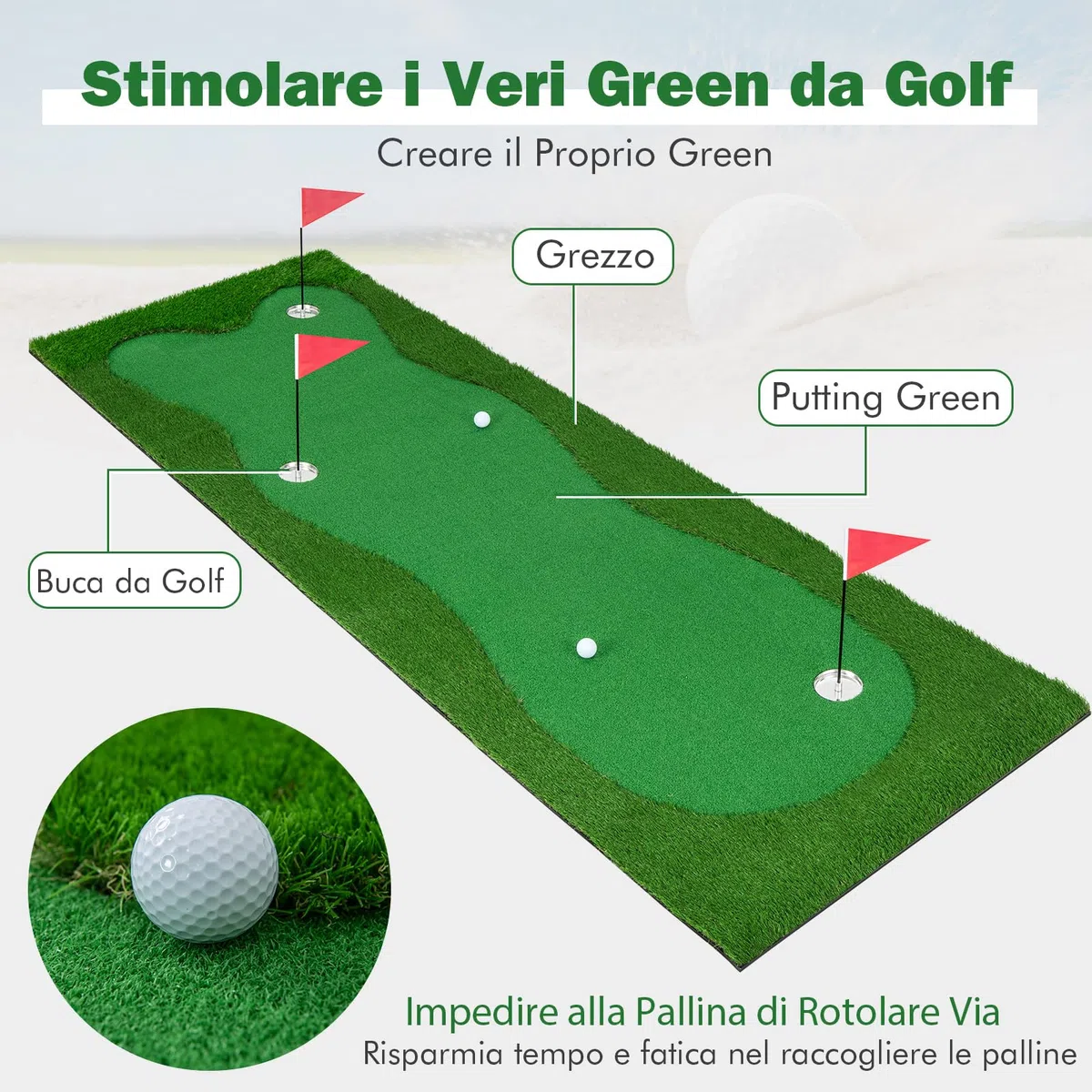 COSTWAY Tappetino da Golf Professionale, Campo da Golf con Erba Artificiale Realistica, 3 Buche, 3 Bandierine e Tazze per l'Allenamento Interno ed Esterno, 300 x 100 CM
