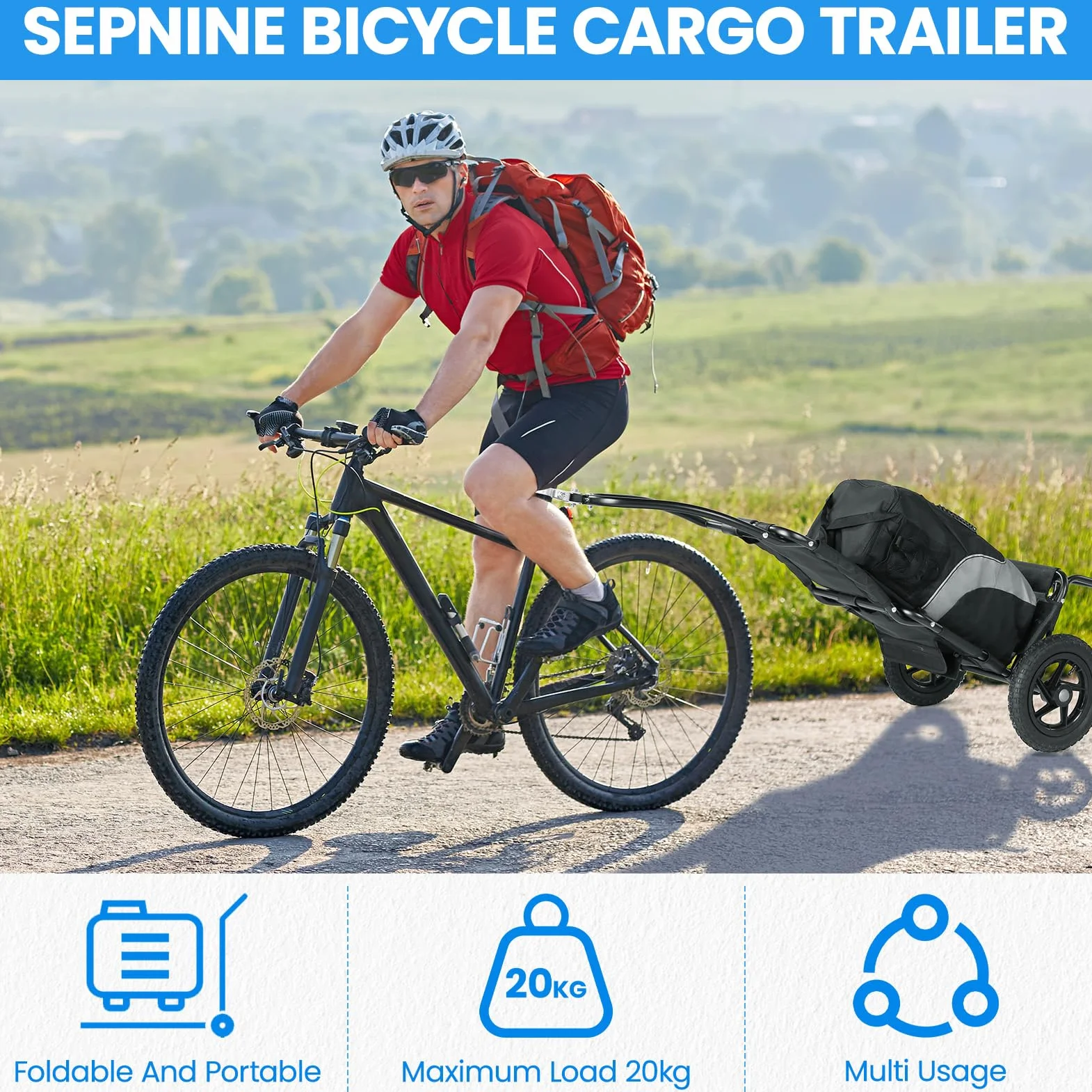 SEPNINE Rimorchio per Bicicletta, Carrello per Bicicletta Pieghevole Moderno e Minimalista, Telaio in Alluminio, Carico Massimo 20 kg, Rosso/Nero