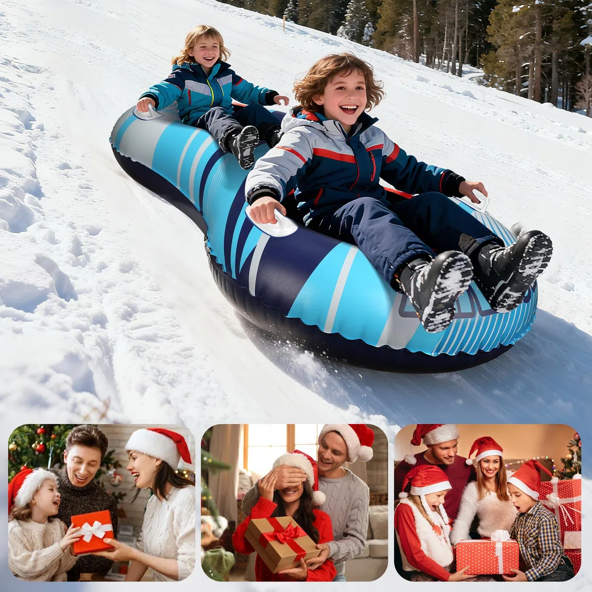 Tubo da neve con fune di traino trainabile, slitta gonfiabile per 2 persone, resistente, per bambini e adulti, di alta qualità, resistente all'abrasione, con fondo ispessito, per inverno e