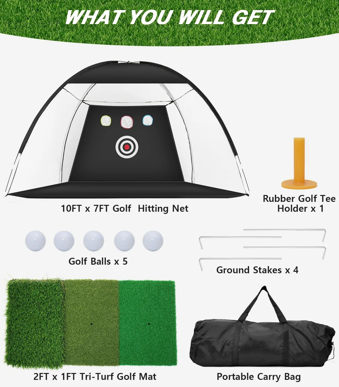 Rete da golf 3 x 2,1 m, con tappetino da golf Tri-Turf All in 1, per allenamento a dondolo, per allenamento a dondolo, con bersaglio, palline, tè/borsa