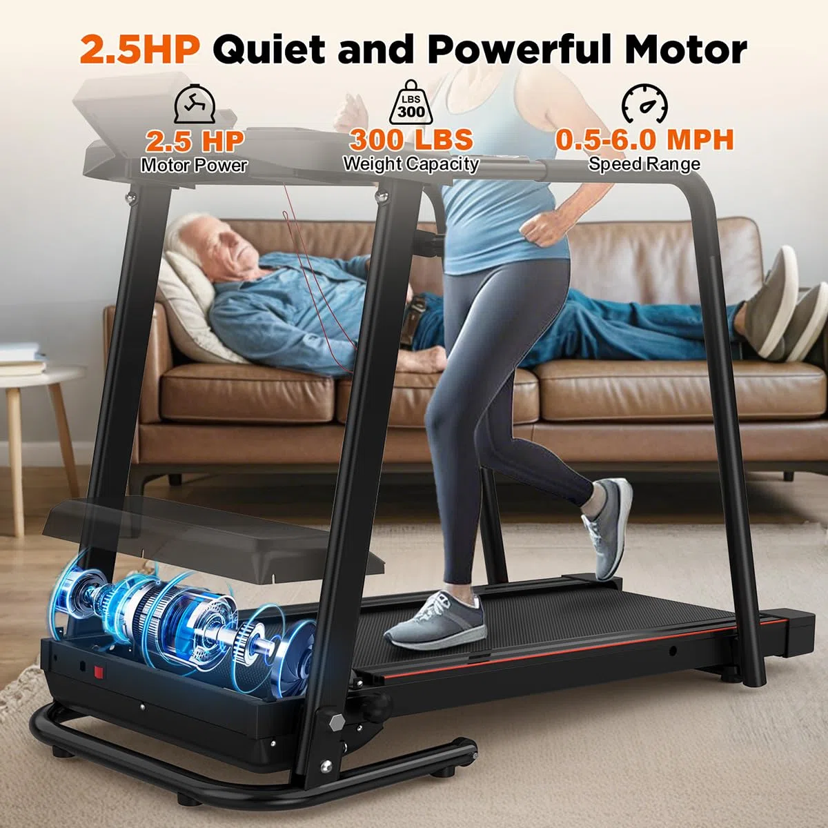 Tapis roulant Clover S200 con lunghi corrimano di sicurezza, velocità regolabile e schermo LCD di facile lettura. Speciale per anziani e riabilitazione. Superficie antiscivolo.