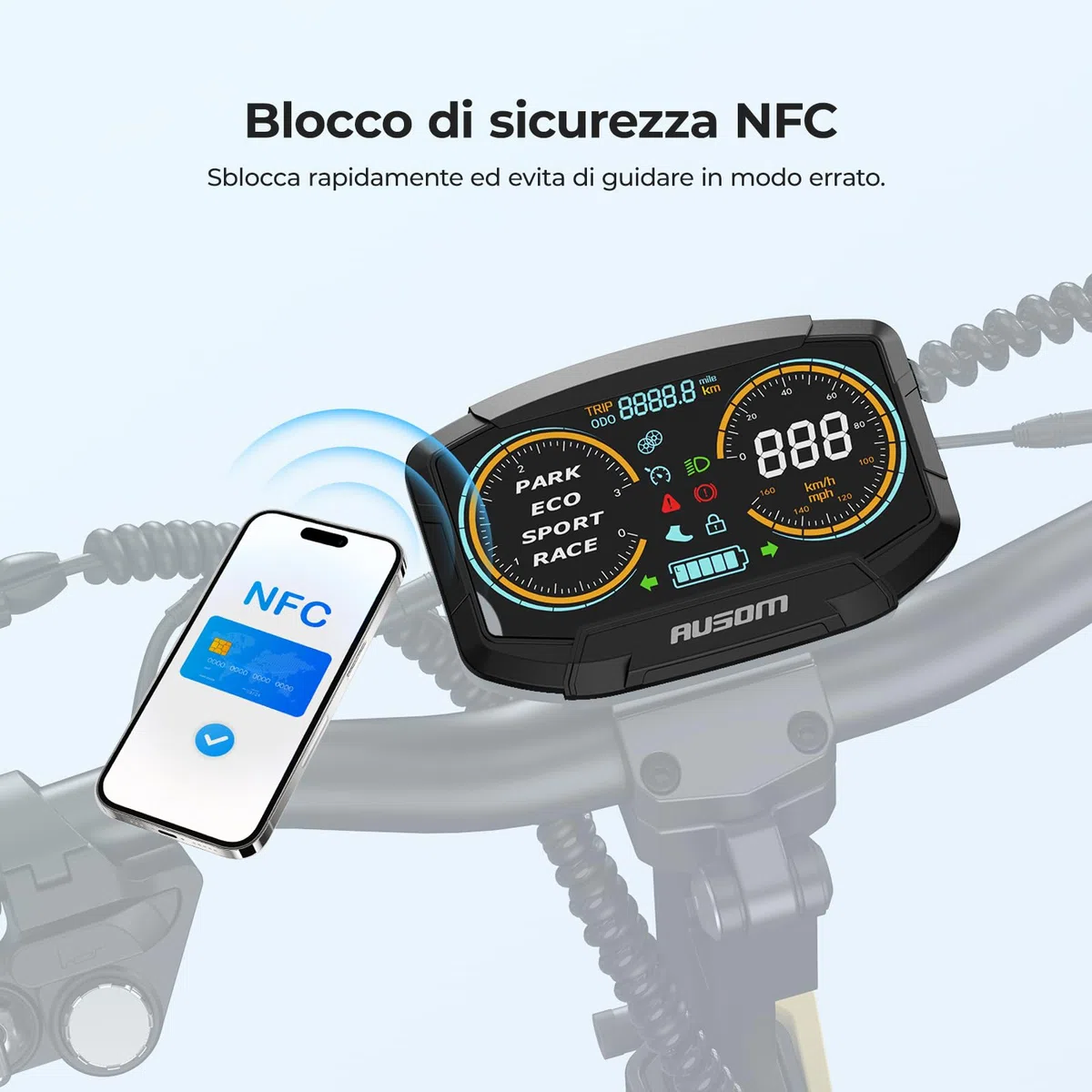 Monopattino Elettrico Ausom L1/L2 da 10 pollici, batteria da 48 V e 15,6 Ah, autonomia di 70 km, protezione antifurto NFC - Perfetto per avventure e spostamenti in città