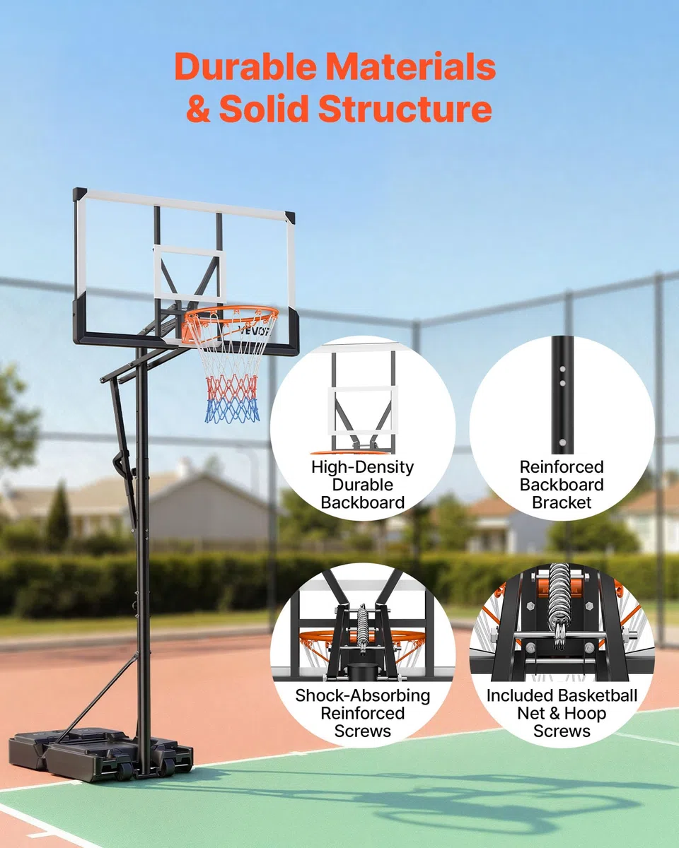 VEVOR Supporto da Basket Portatile Massimo 3,05 m Pallacanestro da Esterno con Piedistallo Regolabile in Altezza Design di Sollevamento, con Ruote e Tabellone PC da 1117,6 mm, per Cortili, Scuole