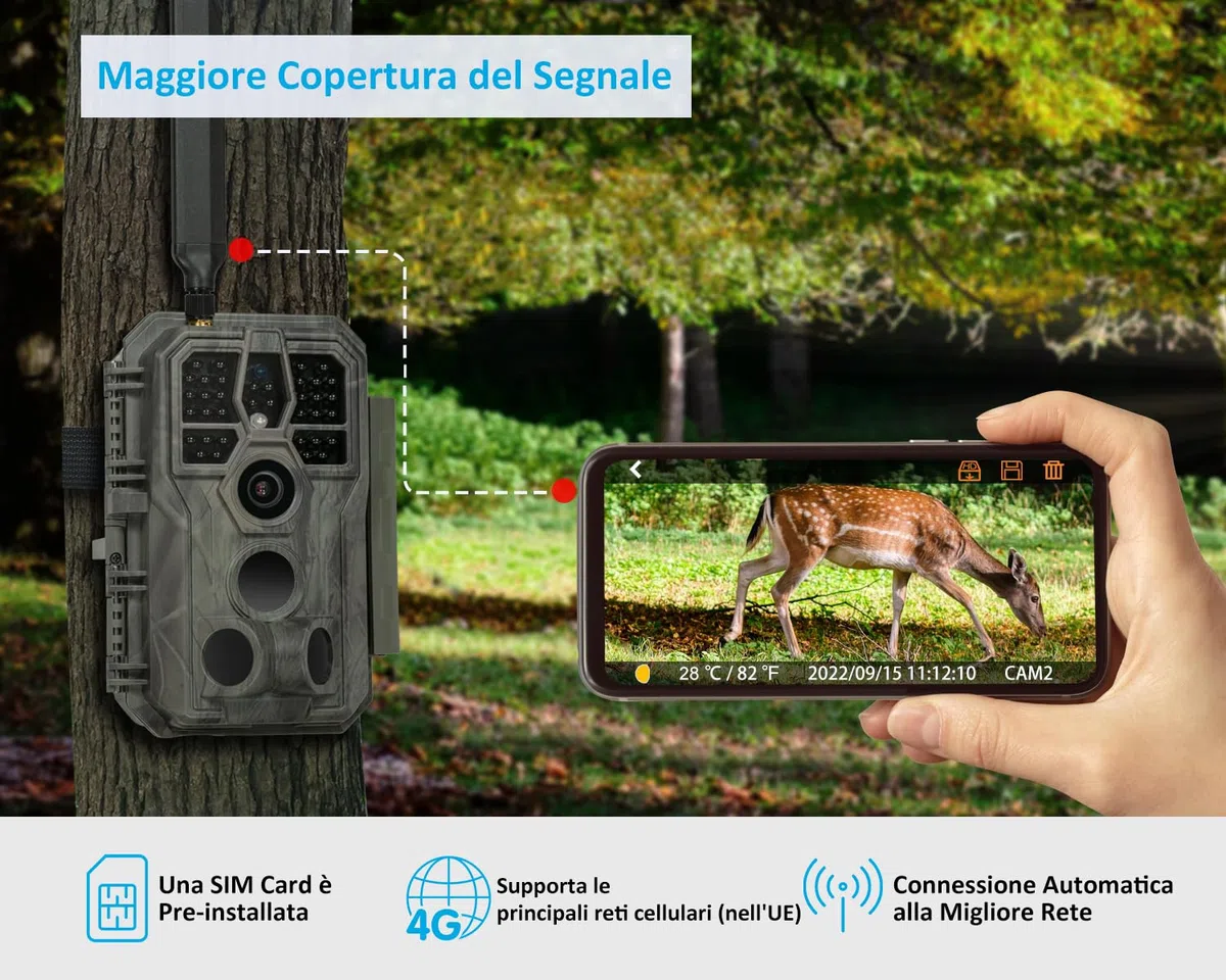 GardePro X50 Fotocamera da Caccia 4G LTE con scheda SIM e App, 64MP 1296P H.265 Vidéo, Fototrappola Infrarossi Invisibili 0,1s Tempo di Attivazione, No-Glow IR LEDs, IP66