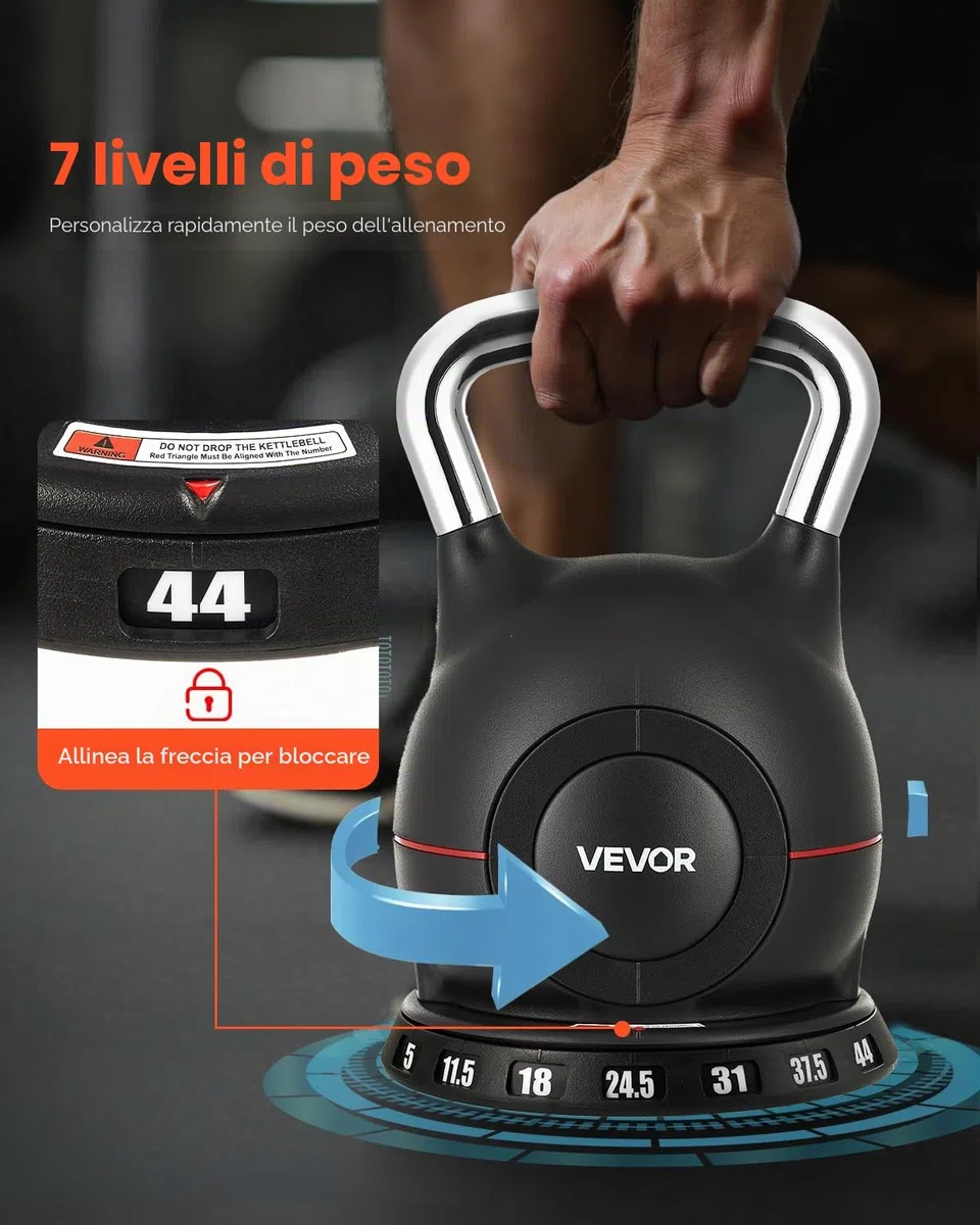 VEVOR Kettlebell, Kettlebell regolabile con 7 livelli di peso, alluminio pressofuso e materiale ABS, per allenamento della forza di presa, allenamento completo del corpo e cross-training