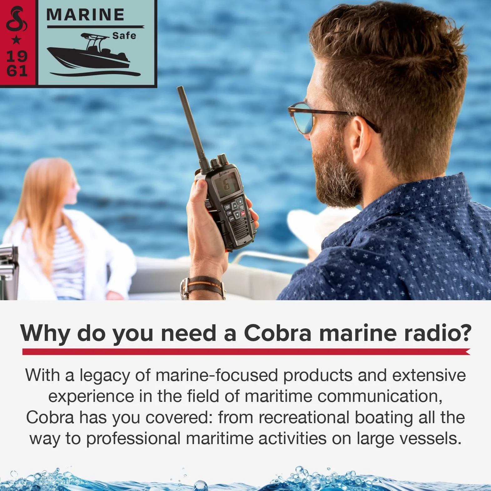 Cobra BlueBound 350 - Radio VHF marina portatile galleggiante da 6 Watt, galleggiante n' Flash, impermeabile IPX7, sommergibile, display LCD giorno/notte, scansione di memoria, Tri-Watch, nero
