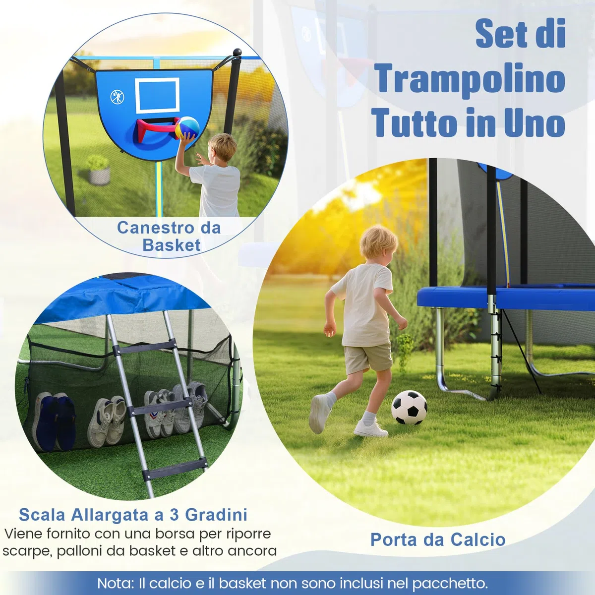 COSTWAY Trampolino da Esterno per Bambini e Adulti 317 x 255 cm, Tappeto Elastico Rettangolare con Canestro da Basket, Porta da Calcio, Scala Antiscivolo, Rete e Telaio in Acciaio