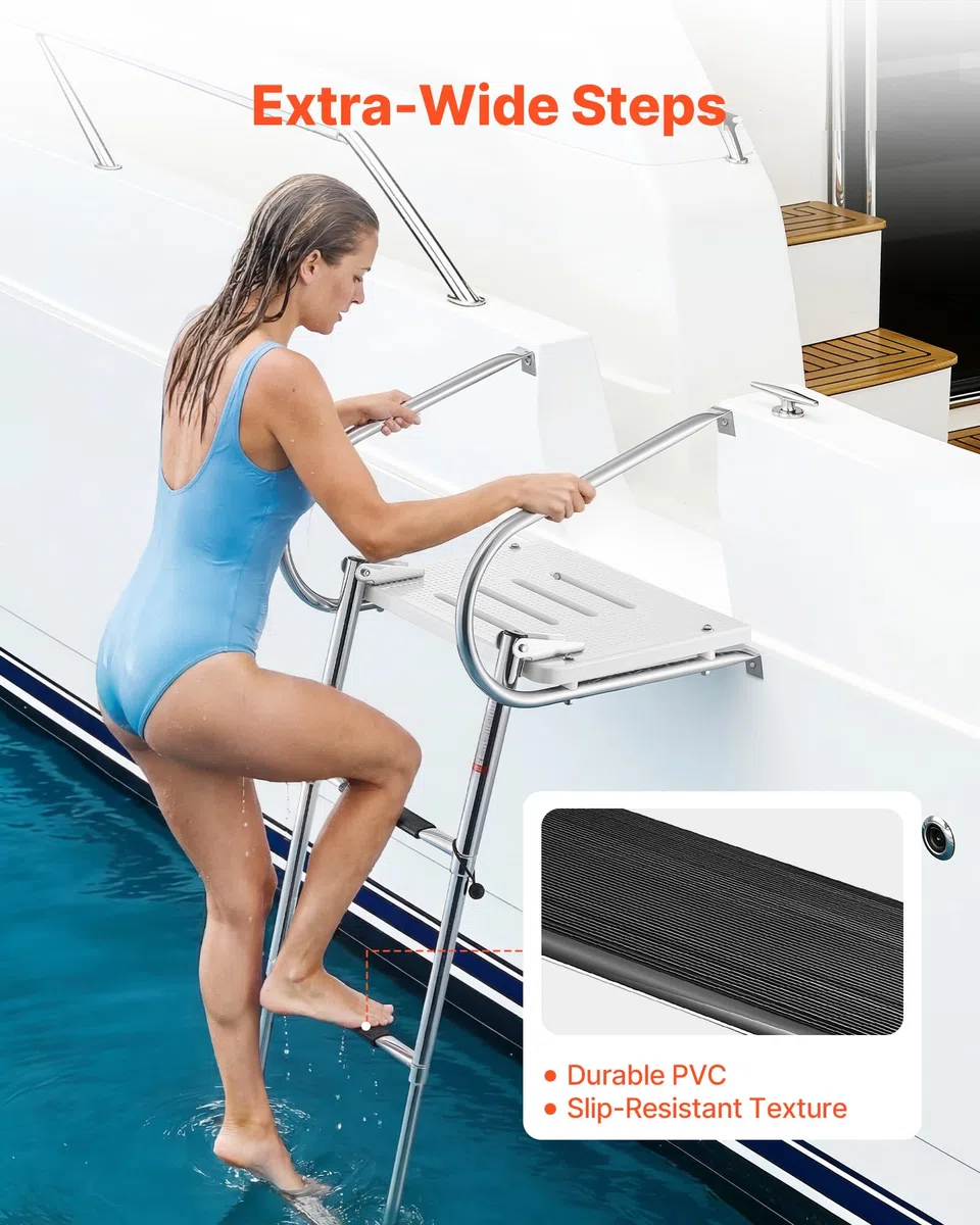 VEVOR Scaletta per Barca in Acciaio Inox, Scaletta Telescopica Pieghevole a 3 Gradini, con Piattaforma e Corrimano, Portata Fino a 181 kg, Gradini Ampi e Antiscivolo, per Fuoribordo, Yacht e Pontoni