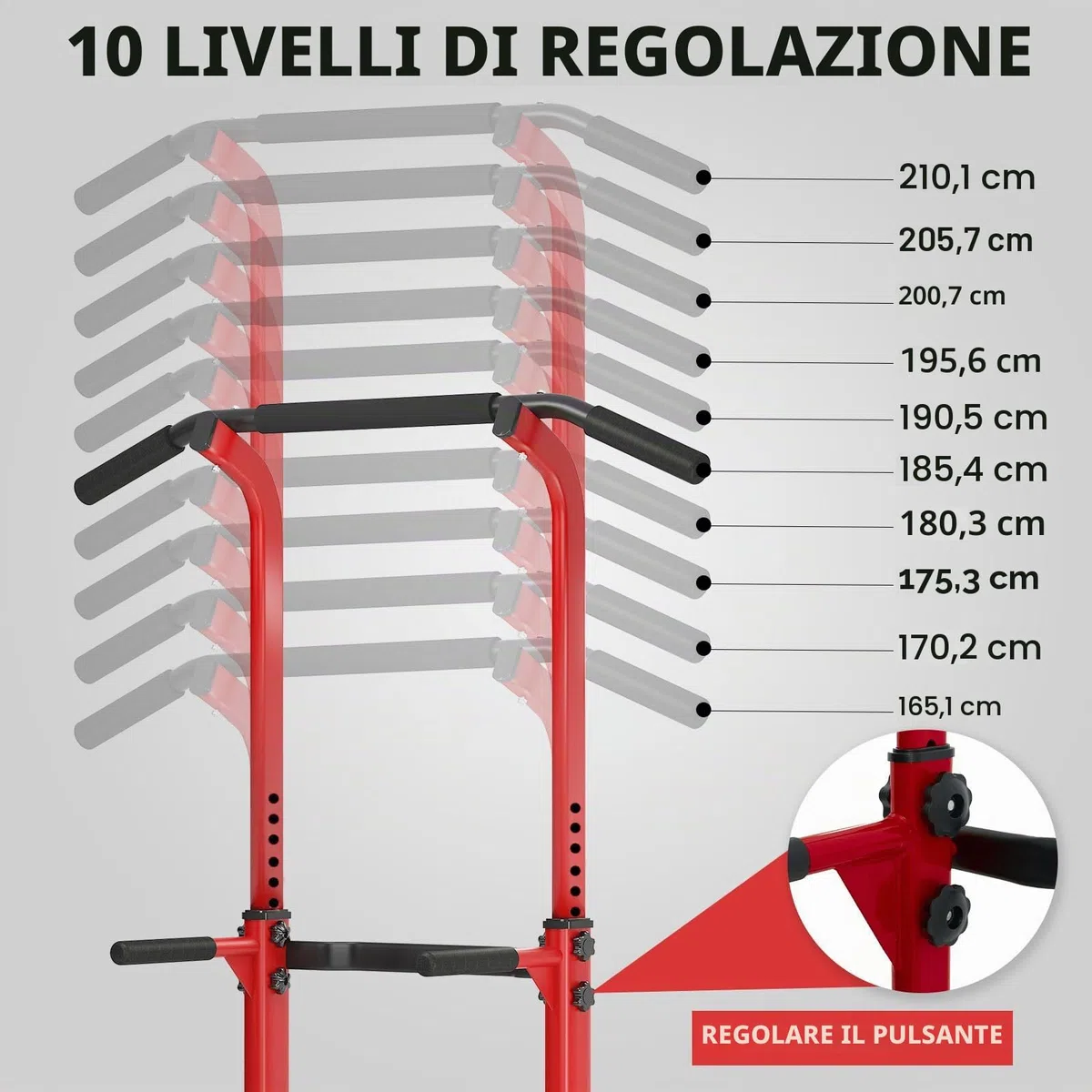 SogesPower Power Tower Dip Station Barra per trazioni per palestra a casa regolabile in altezza attrezzatura per allenamento di forza, rosso