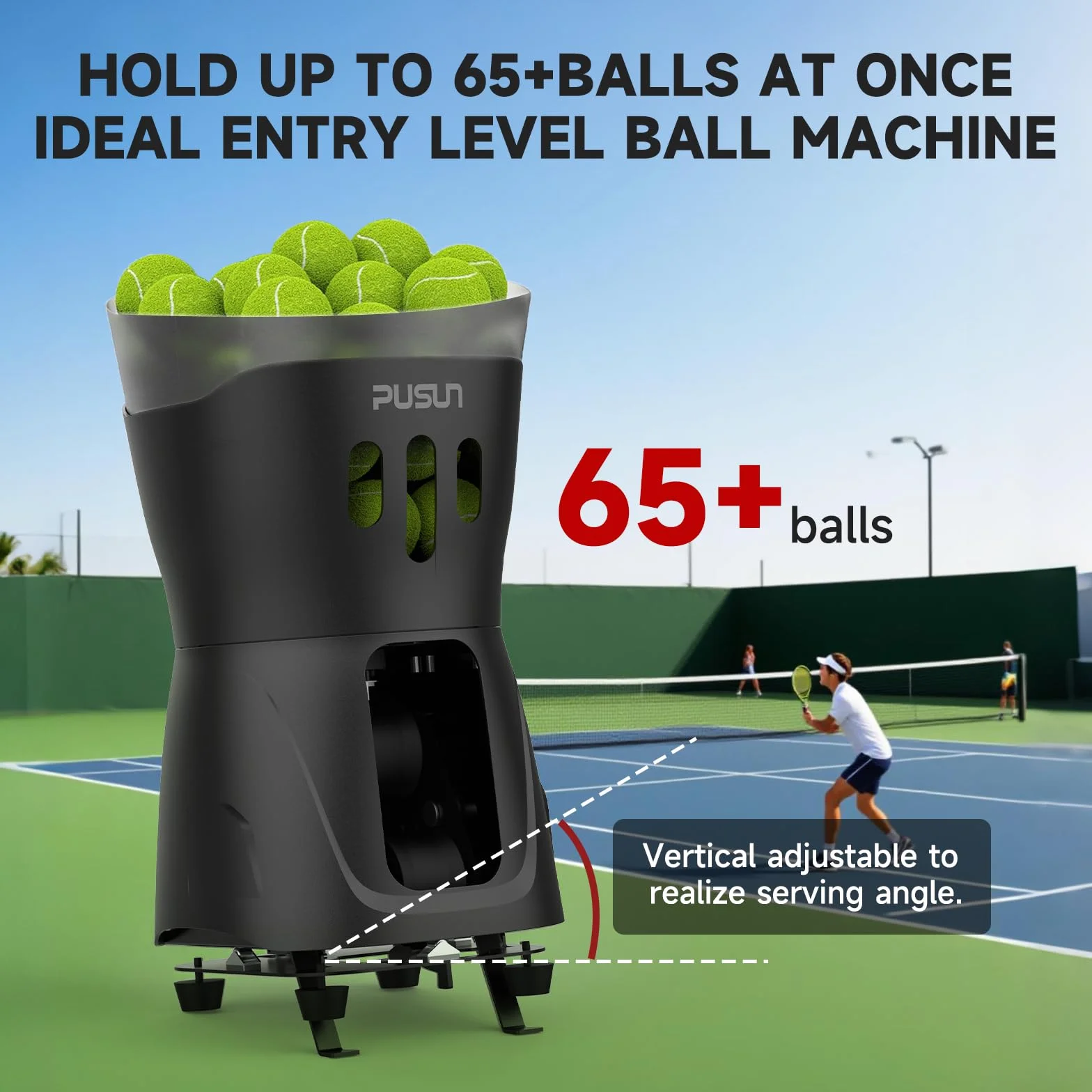 PUSUN - Macchina per lanciare palline da tennis, per bambini/principianti, capacità 65 + palline, doppio controllo tramite app e telecomando, durata della batteria 3-5 ore, attrezzatura portatile per