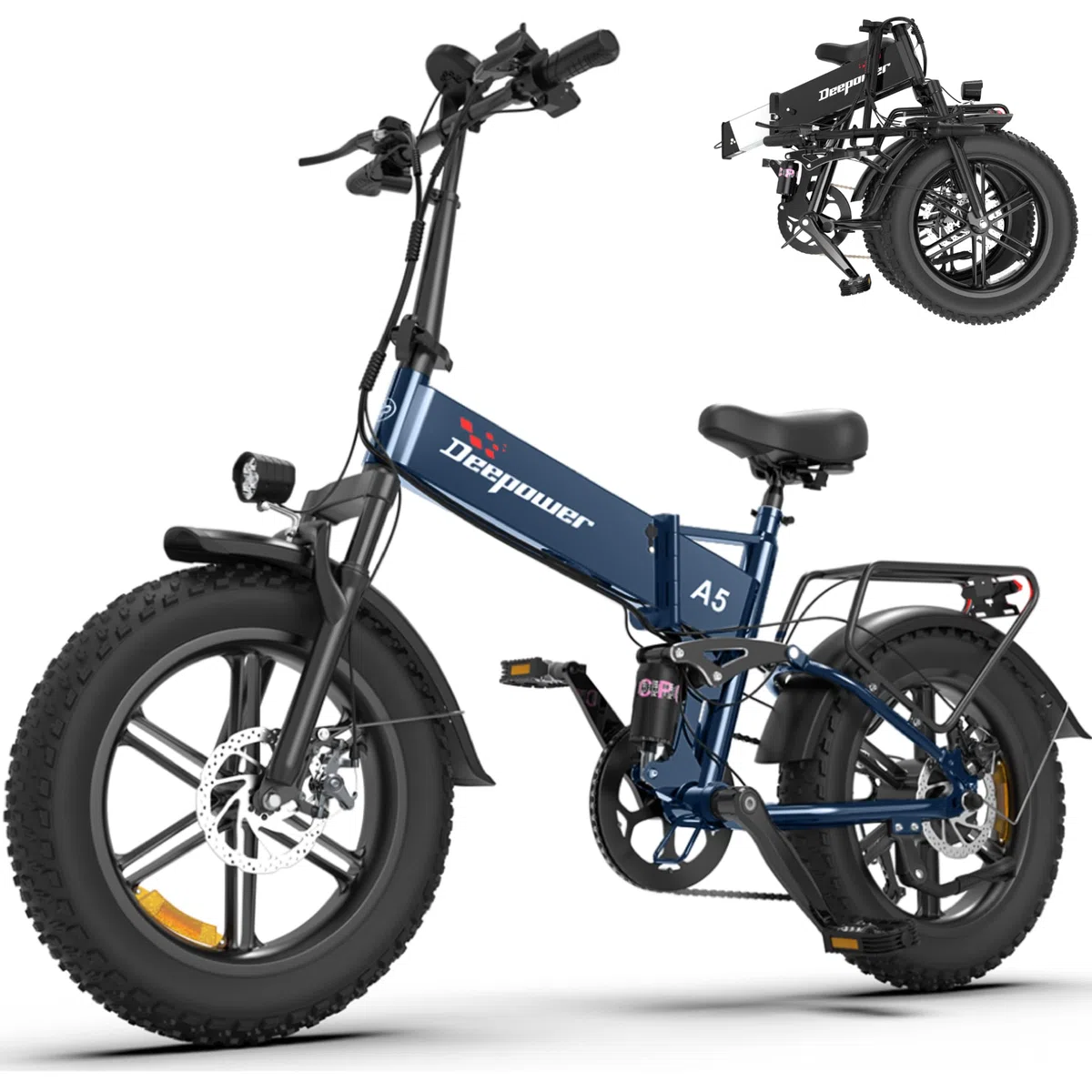 DEEPOWER Bici Elettrica Pieghevole per Adulti, Batteria Estraibile 48V 15.6Ah, Autonomia 110KM, Motore Coppia 85 N·m, Pneumatici Fat 20'' x 4.0, Cambio a 7 Velocità, Sospensione Completa (Blu)