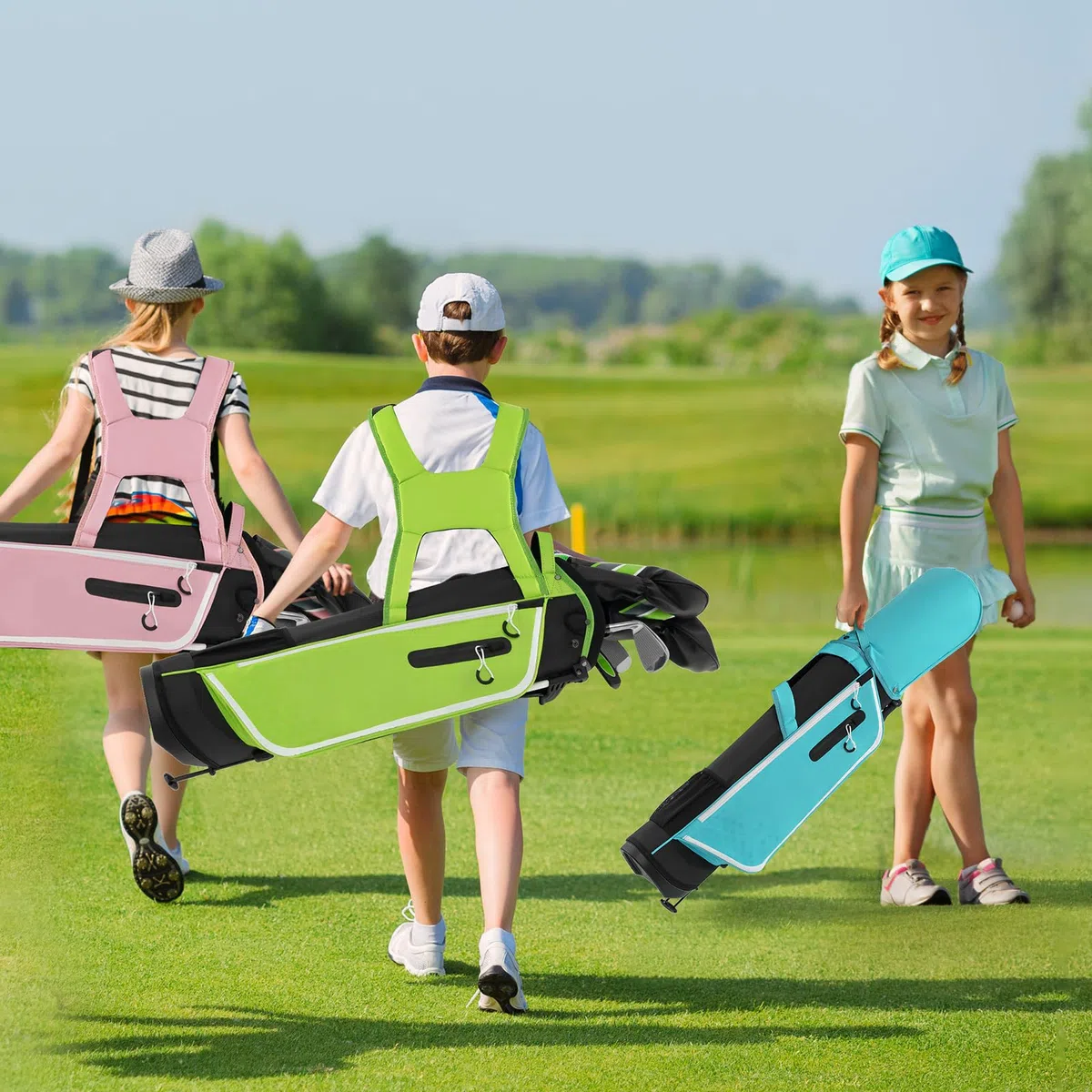 COSTWAY Set di Mazze da Golf per Bambini con Sacca, Fodera Impermeabile, Driver 1, Ibrido 5, Ferro 7, Ferro 9, Ferro S e Putter, Set Allenamento Golf per 11-13 Anni, Destrorso