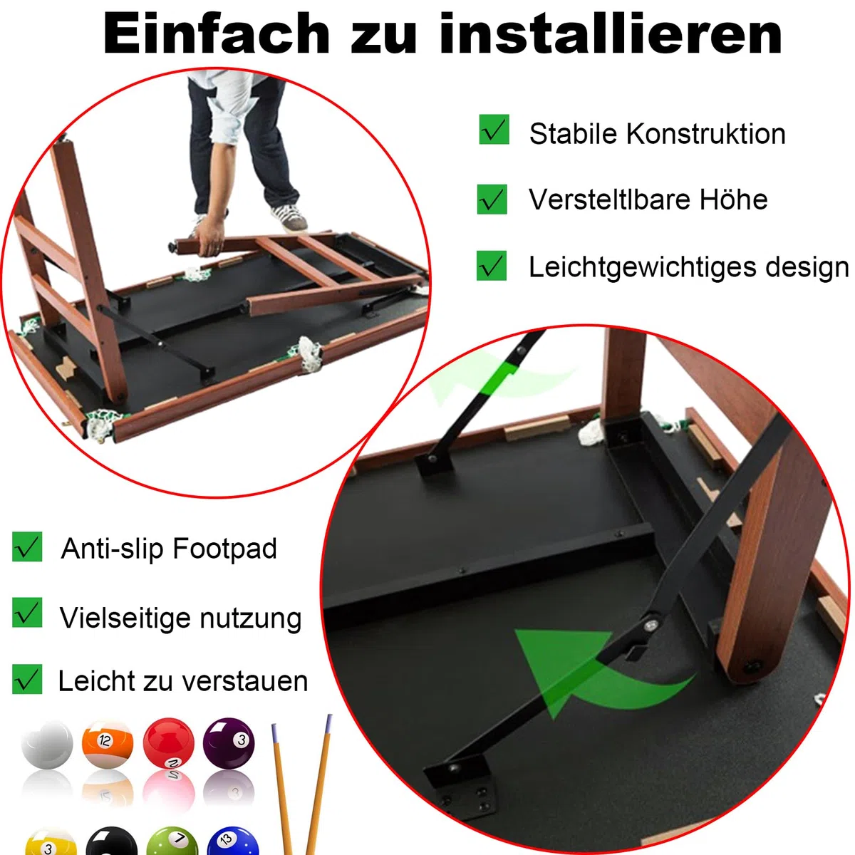 Tavolo da biliardo pieghevole, 4 m, verde, legno, 140 x 74 x 80 cm, per 2-4 giocatori