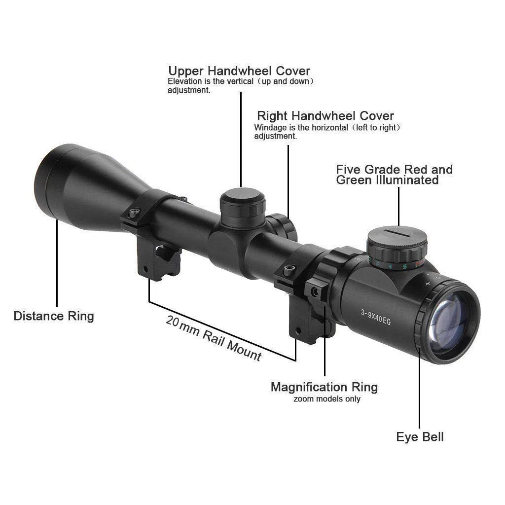 HENGMEI Ottica Cannocchiale Caccia 3-9x40EG Cannocchiale da Puntamento Telemetro con 11mm Mount Ring Picatinny Binario di Guida e per Caccia