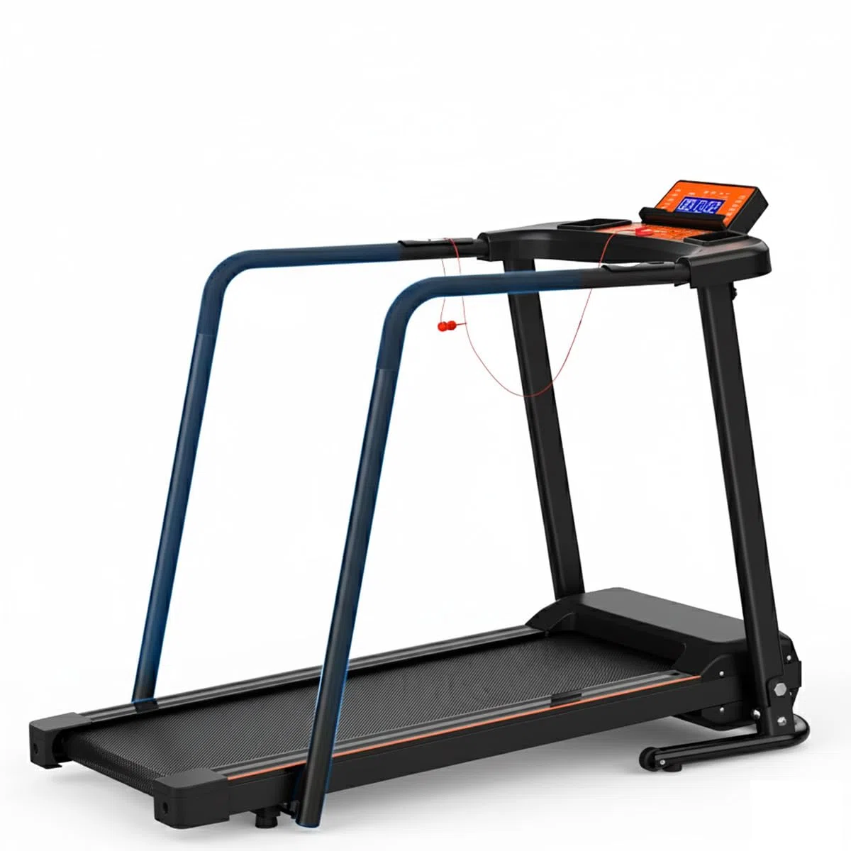 Tapis roulant Clover S200 con lunghi corrimano di sicurezza, velocità regolabile e schermo LCD di facile lettura. Speciale per anziani e riabilitazione. Superficie antiscivolo.