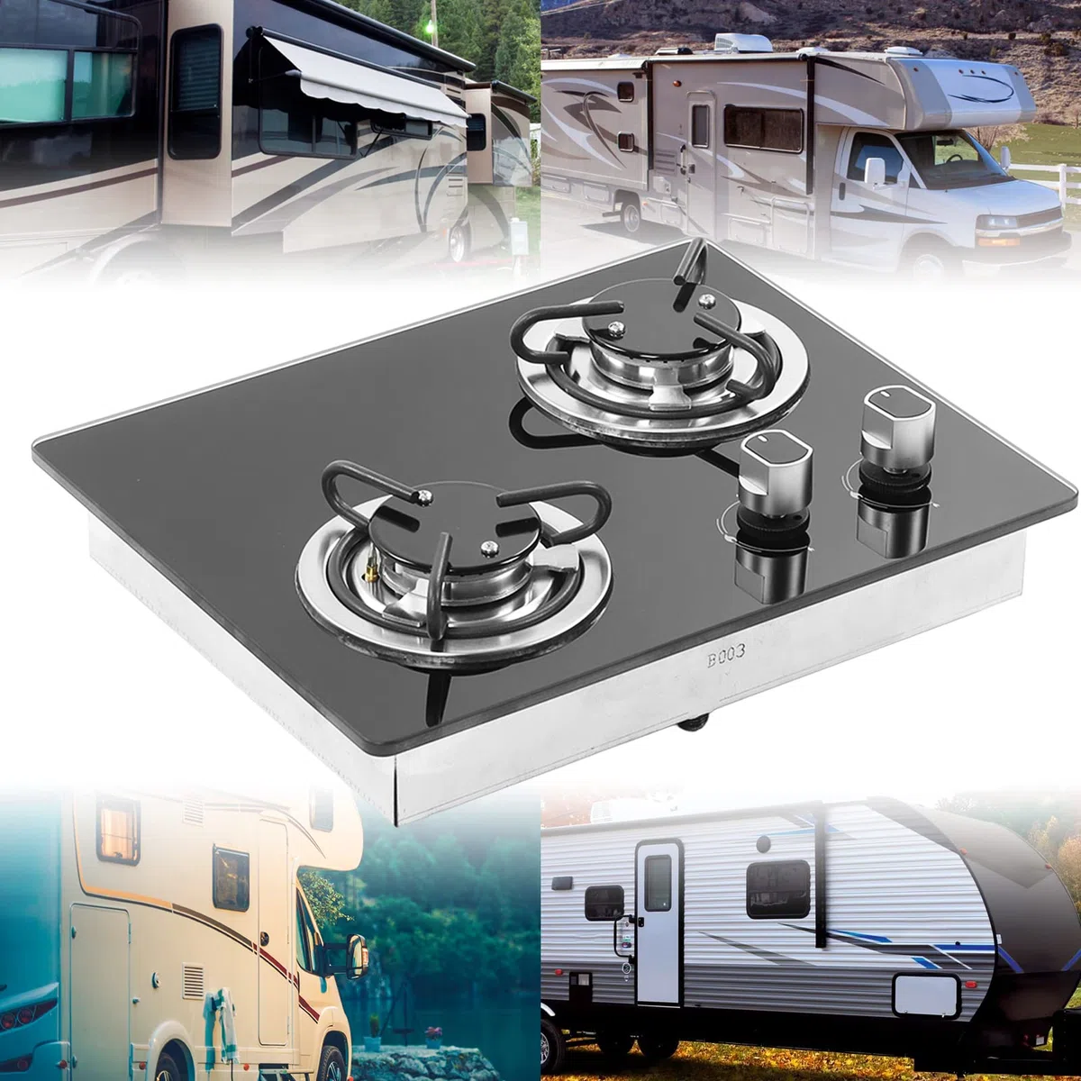 Fornello a Gas Per Camper 2 Fuochi Piano Cottura a Gas Utensili da Cucina Per Esterni Pannello in Vetro Temperato con Potenza 1,8 KW Per Barca Caravan Camper