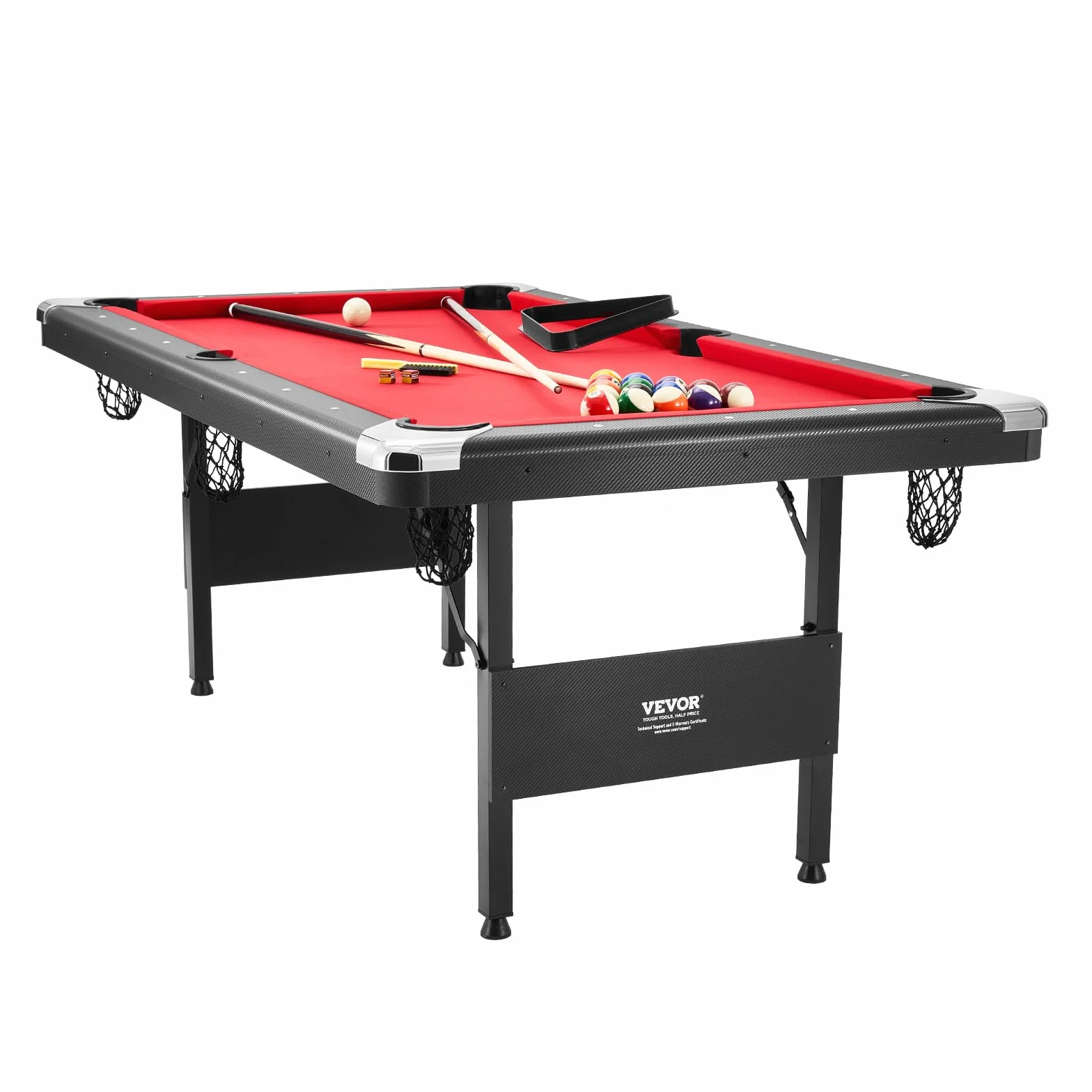 VEVOR Tavolo da Biliardo 1,9 m, Tavolo Portatile e Pieghevole, Set da Biliardo con Palline, Stecche, Gesso, Nero con Panno Rosso, Perfetto per la Sala Giochi della Famiglia, Bambini e Adulti