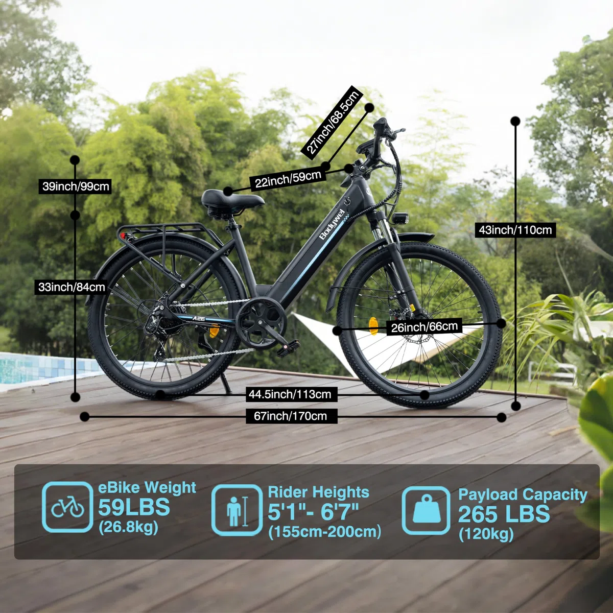 Bodywel A26 E-Bike Uomo 26 Pollici, Bicicletta Elettrica con Batteria Rimovibile 36V 13Ah, Autonomia 50-70km, Motore 250W, 7 Velocità, Freni a Disco Meccanici, E-Bike da Città