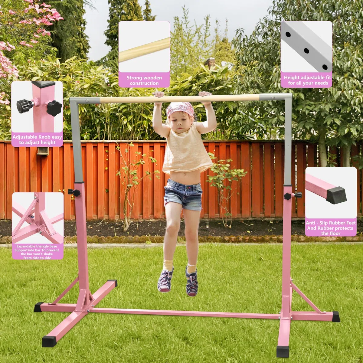 FBSPORT Barra da ginnastica orizzontale con anelli da ginnastica per bambini, regolabile in altezza 13 cm, per allenamento per bambini, attrezzatura da ginnastica per casa, palestra, interni,