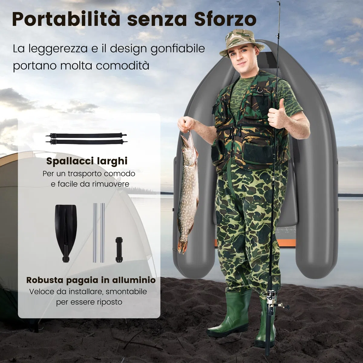 COSTWAY Gommone Gonfiabile da Pesca, Belly Boat con Statori per Amo Pesca, 2 Pinne, Pagaia in Alluminio, Pompa, Spallacci e Kit di Riparazione, Portata 160 kg