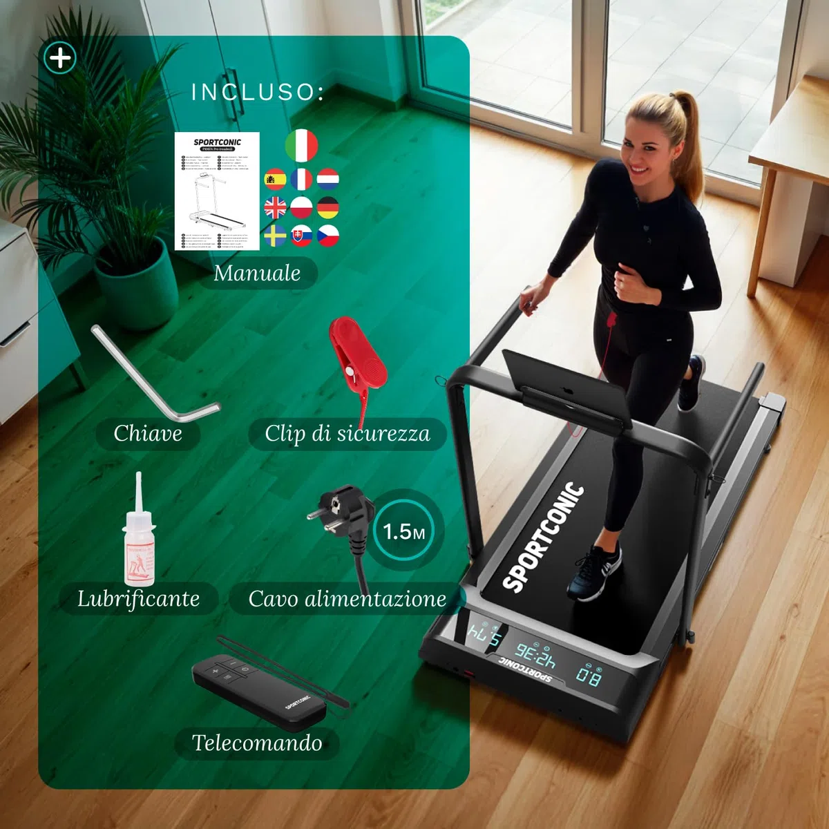 Sportconic Tapis Roulant Elettrico Pieghevole con Inclinazione, Walking Pad Silenzioso Salvaspazio, Tapirulan da Casa per Allenamento Ufficio