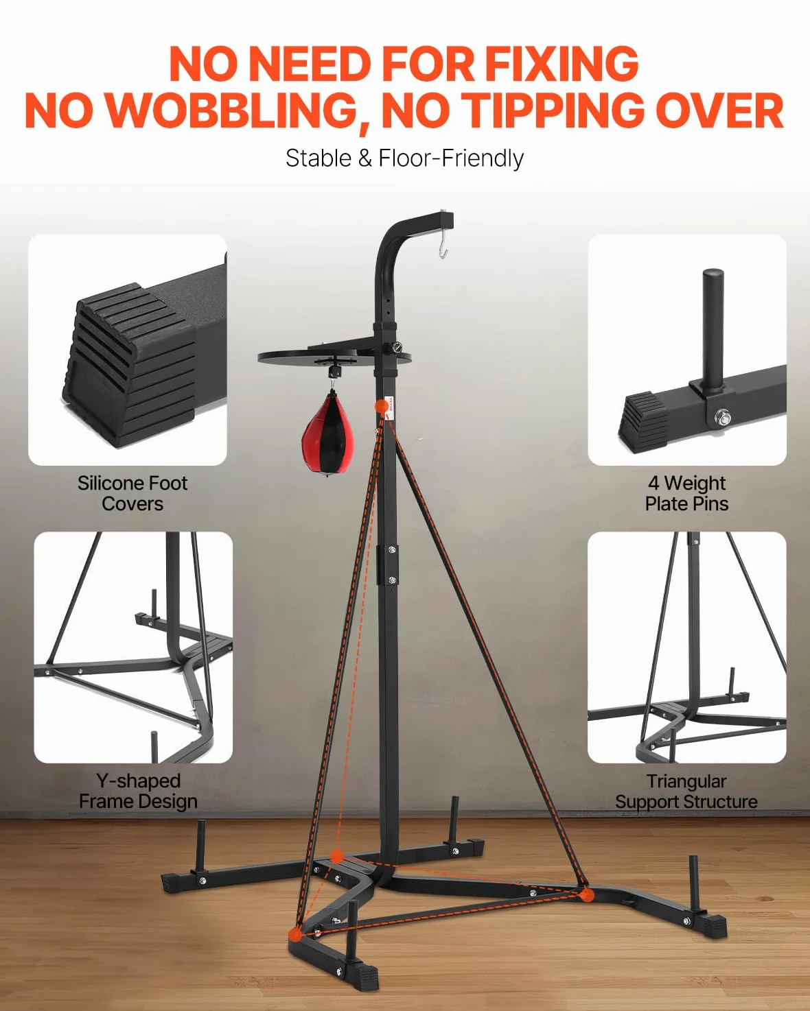 VEVOR Supporto per Sacco da Boxe, Attrezzatura per Allenamento Regolabile in Altezza, Supporta 65 kg, con Base Appesantita, Sacco per Allenamento Palestra Casa, Nero 132x114x201 cm