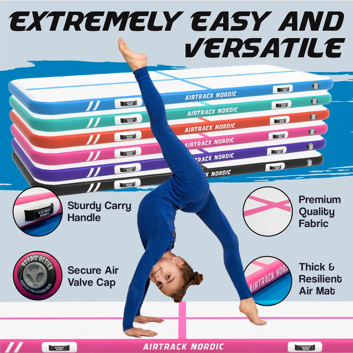 AirTrack Nordic Home 3m – Tappeto ginnastica gonfiabile artistica – Air Track con pompa aria elettrica & borsa trasporto – Qualità premium & resistente – Per ginnastica, tumbling, yoga, fitness & casa
