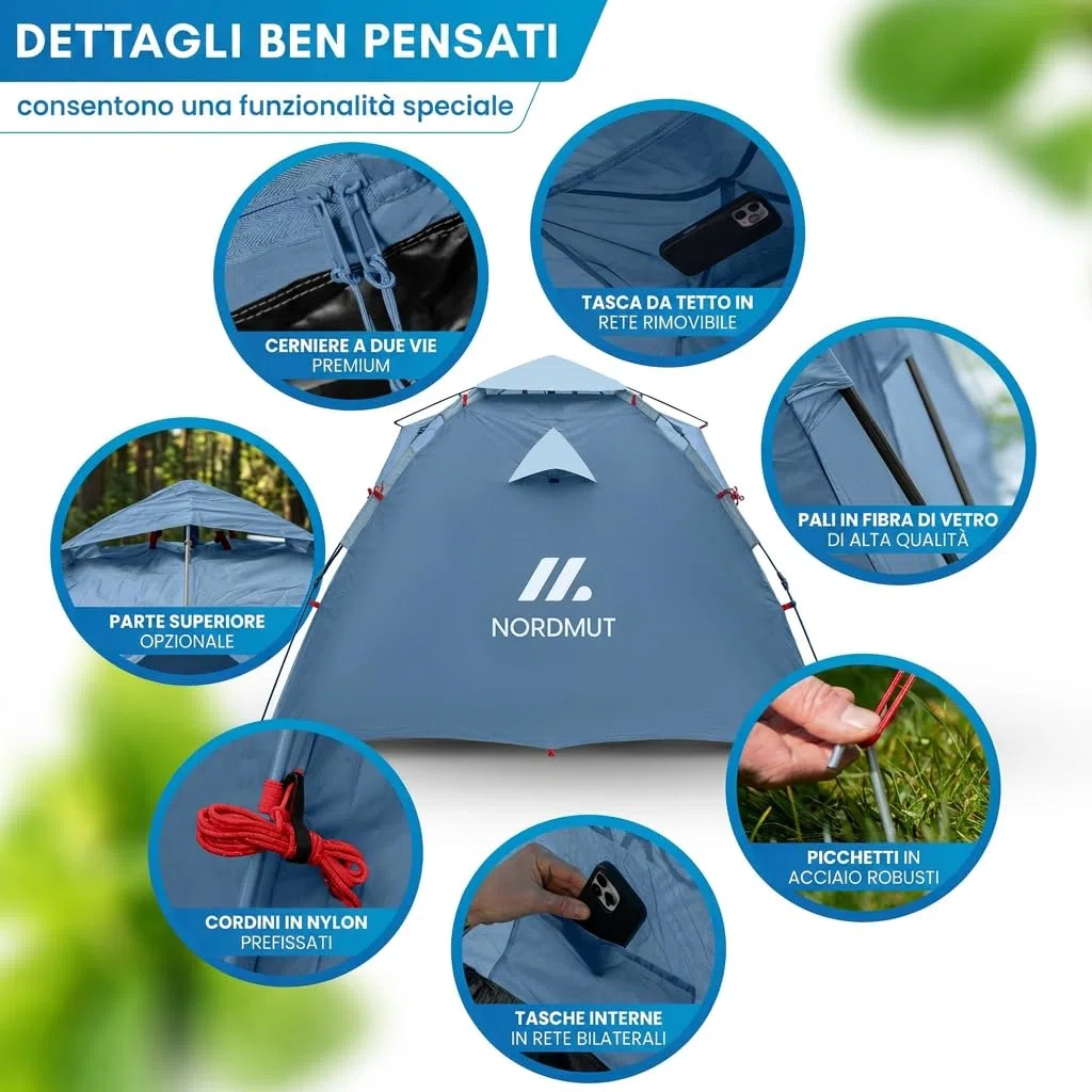NORDMUT® Tenda Pop-Up 2-4 Persone – Montaggio Istantaneo, Impermeabile & Protezione UV – Tenda da Campeggio con Ottima Circolazione dell’Aria